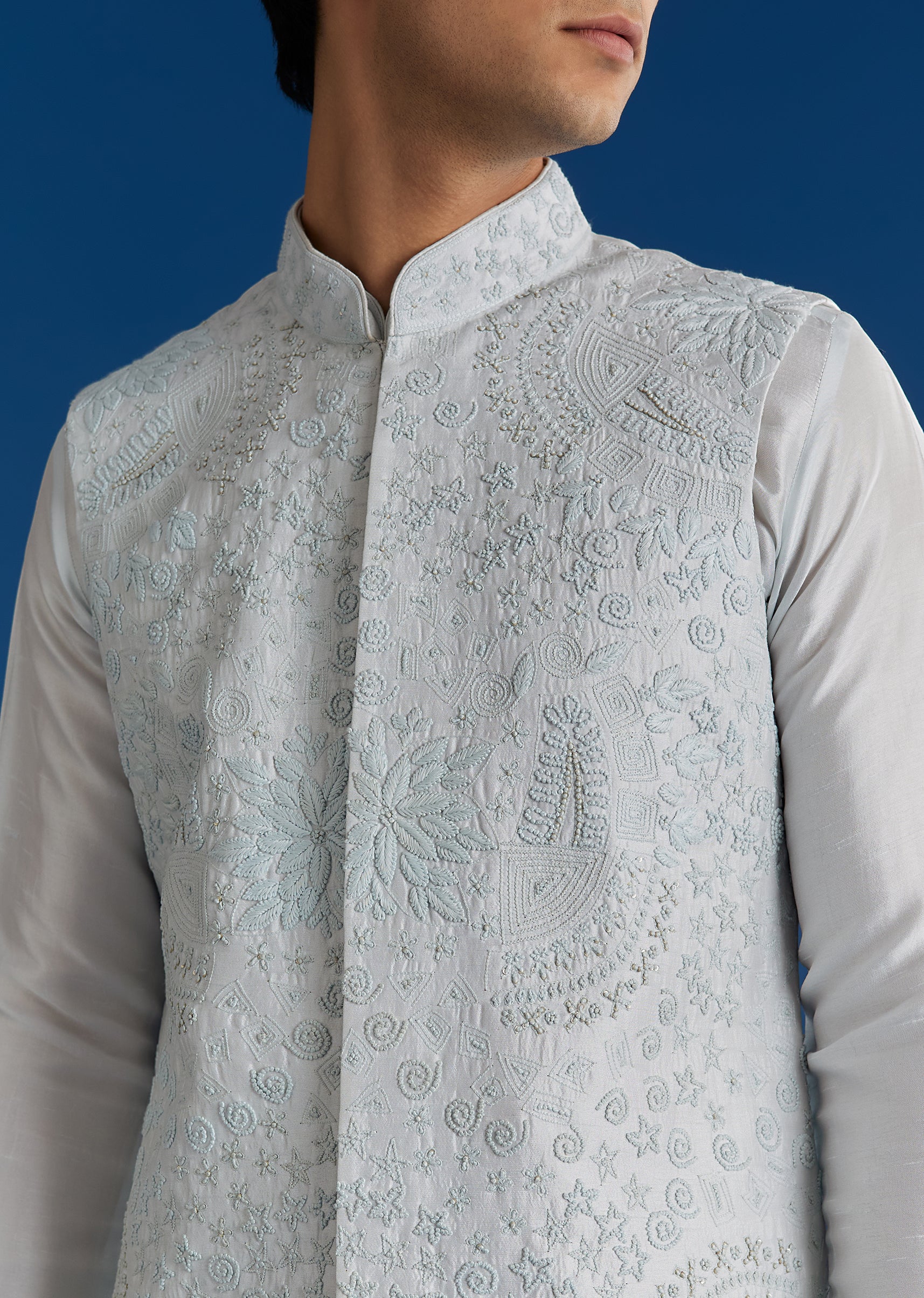 Sky Blue Silk Embroidered Jacket Kurta Set - Image 3