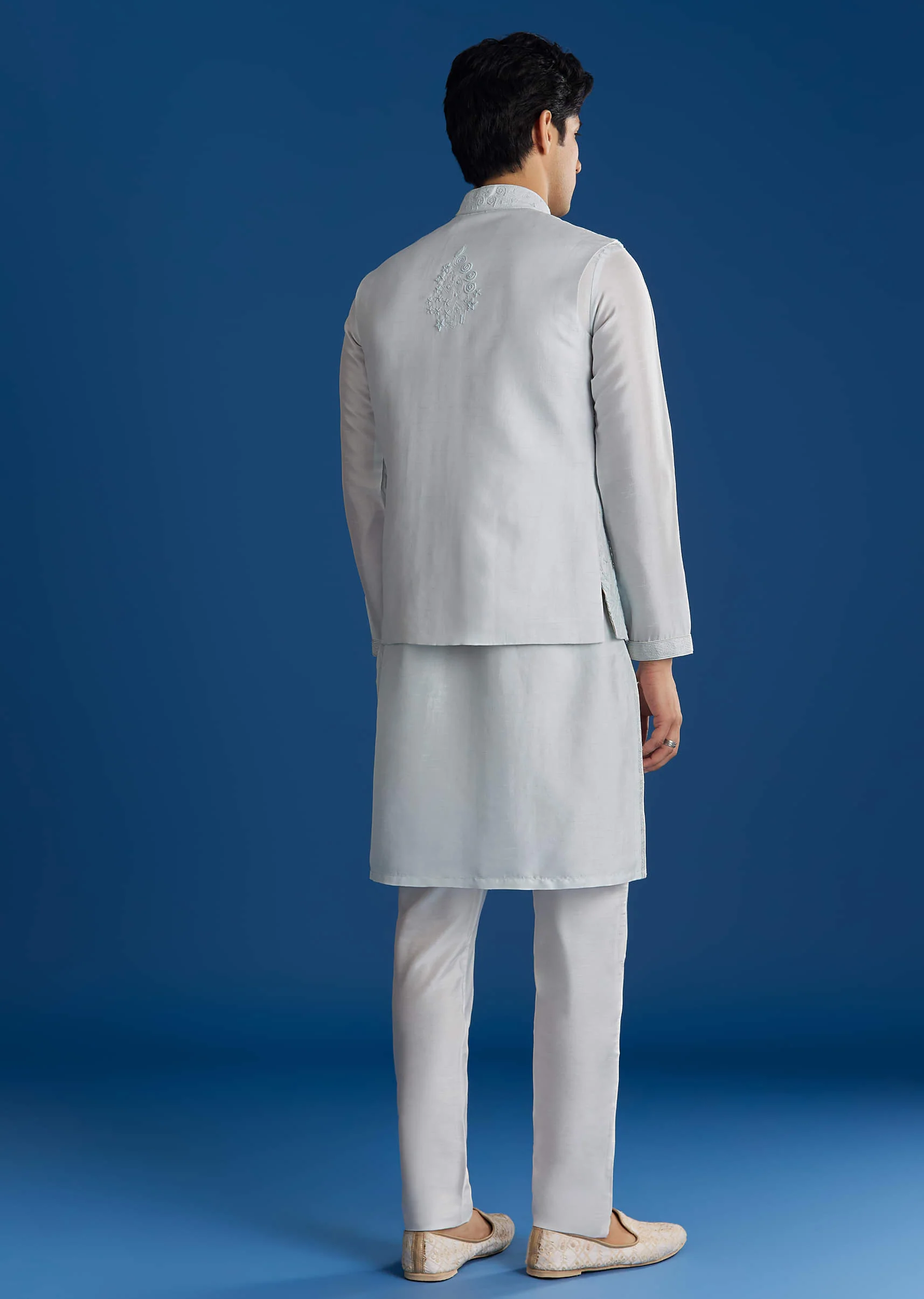Sky Blue Silk Embroidered Jacket Kurta Set - Image 6