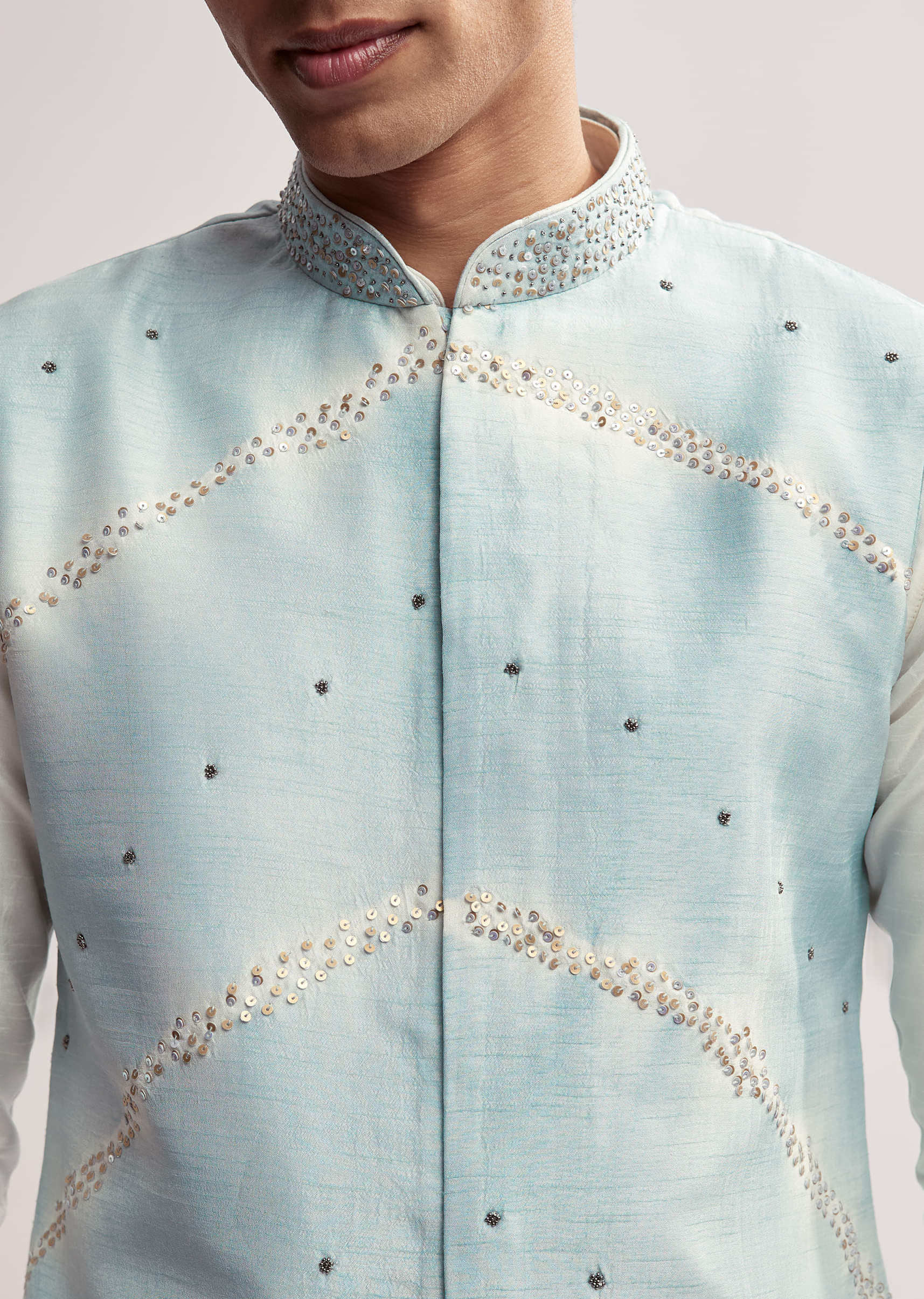 Sky Blue Silk Kurta Jacket Set For Men With Hand Embroidery - Image 2