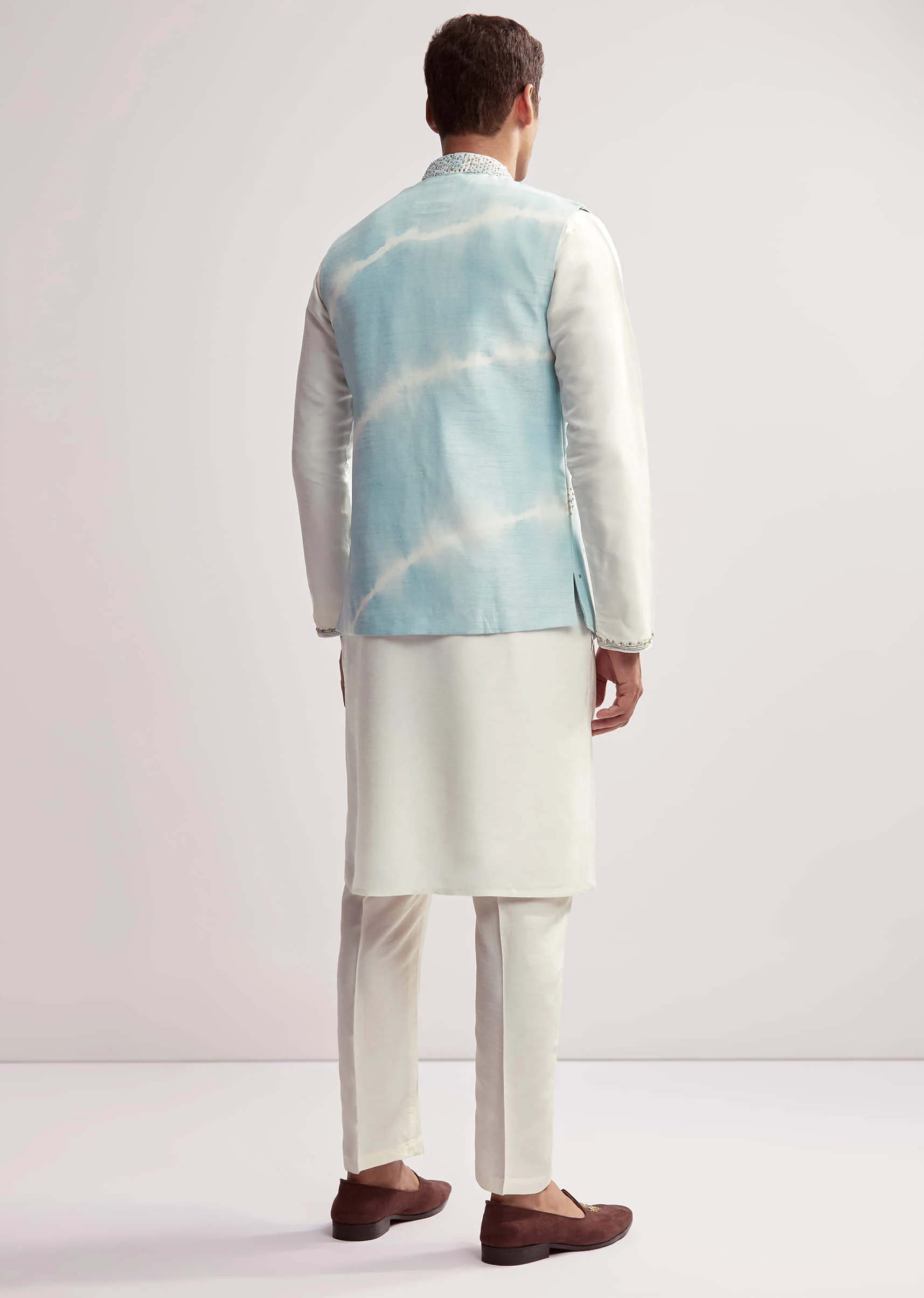 Sky Blue Silk Kurta Jacket Set For Men With Hand Embroidery - Image 5
