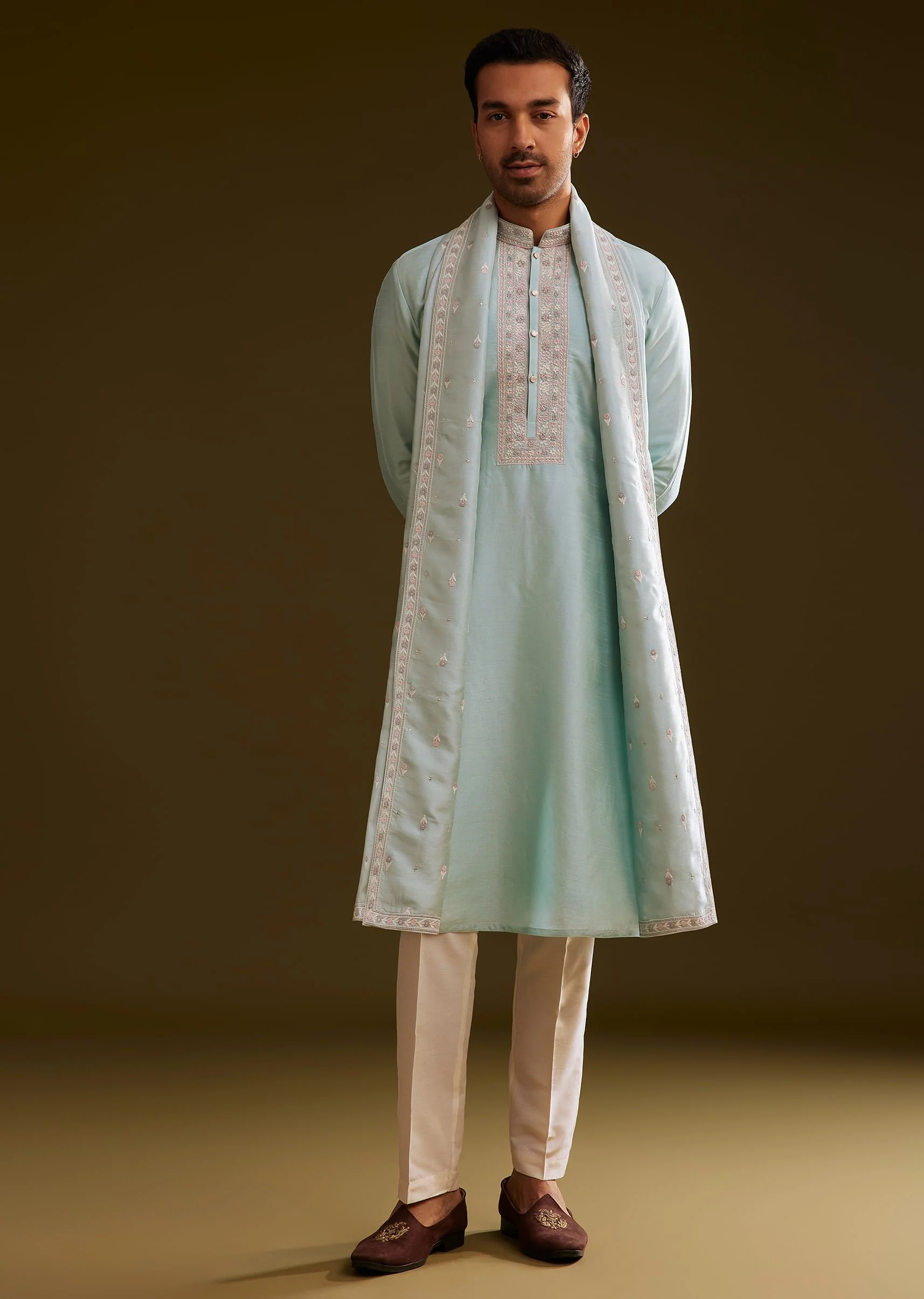 Sky Blue Silk Kurta Set With Embroidered Dupatta - Image 2