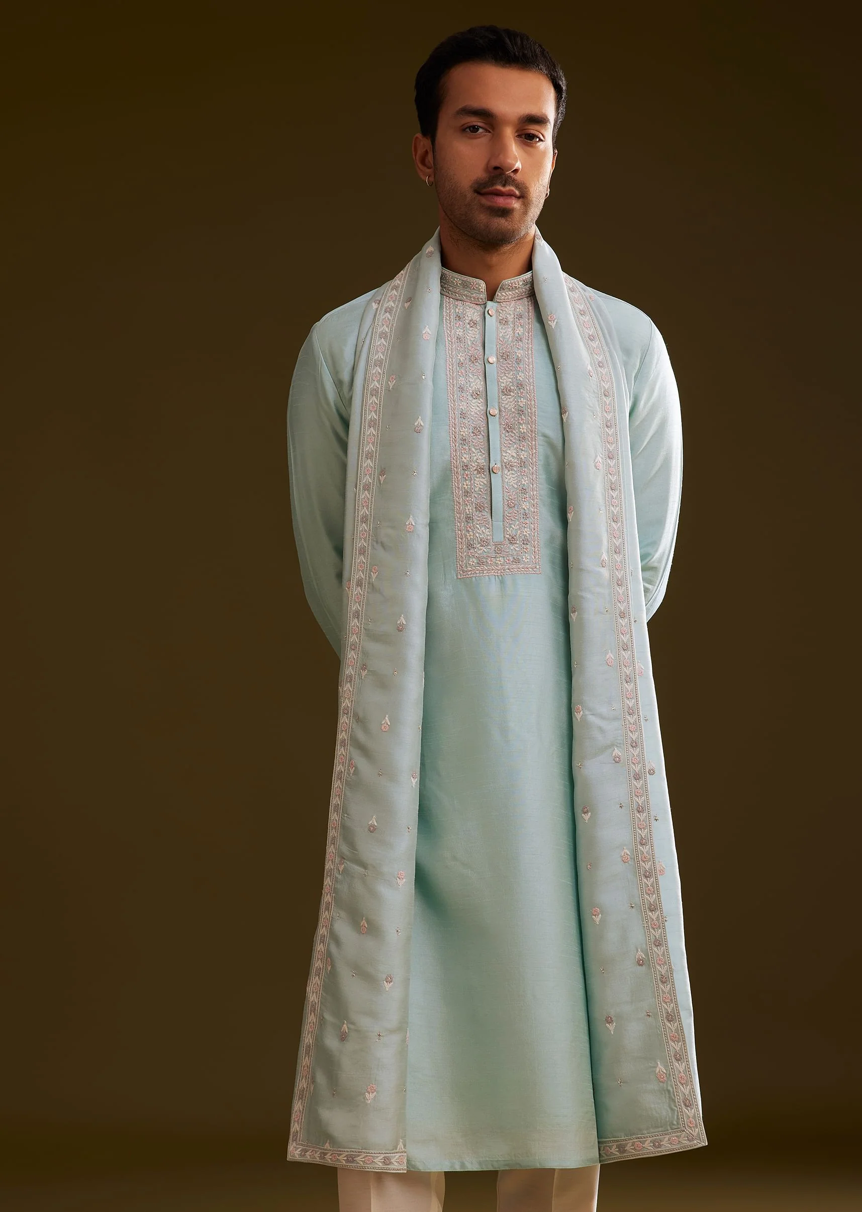 Sky Blue Silk Kurta Set With Embroidered Dupatta - Image 3