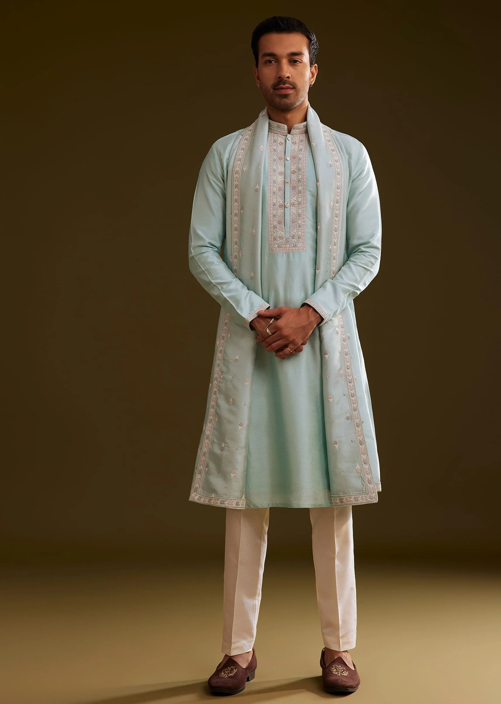 Sky Blue Silk Kurta Set With Embroidered Dupatta - Image 4