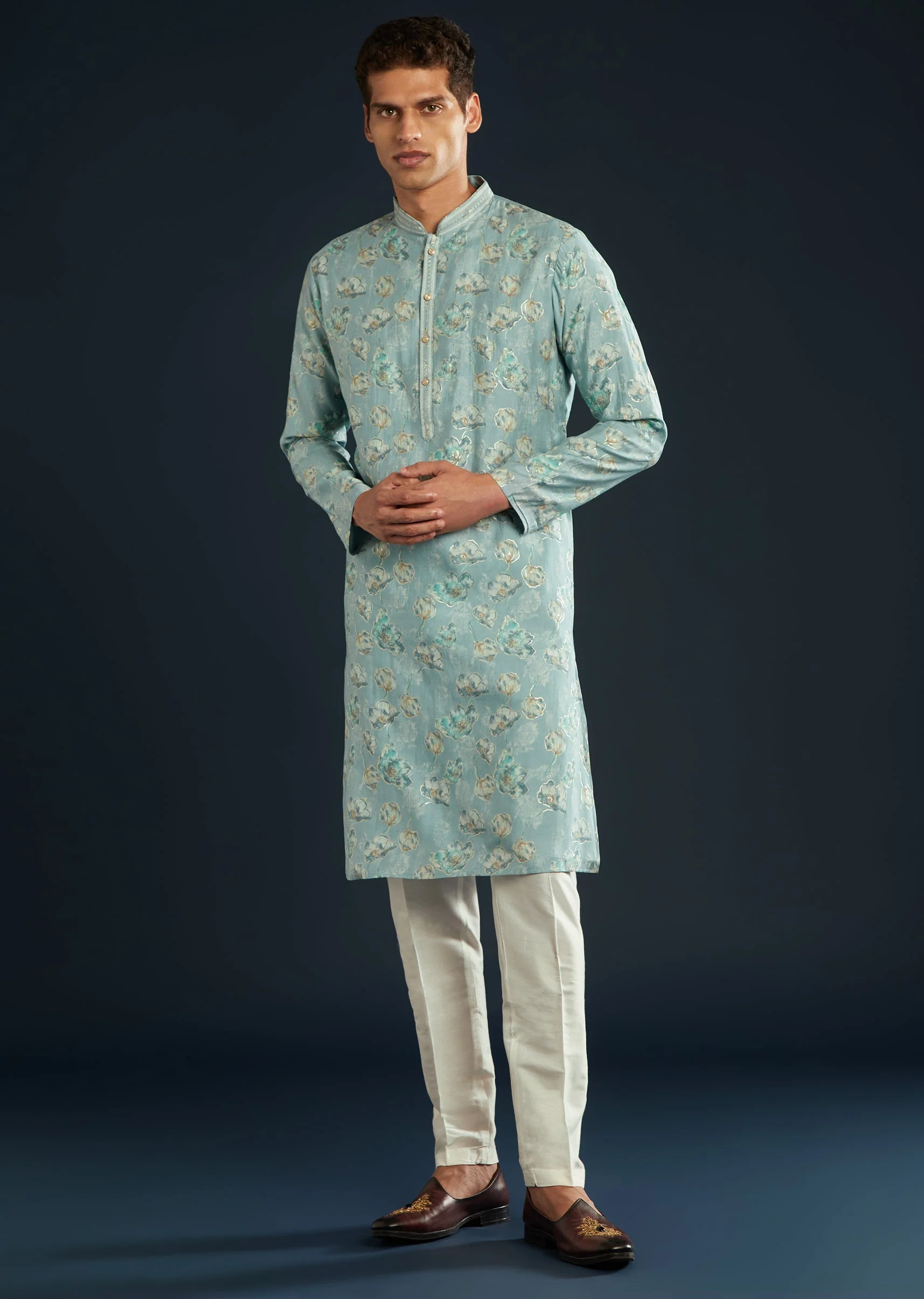 Sky Blue Silk Kurta Set with Floral Motifs - Image 3