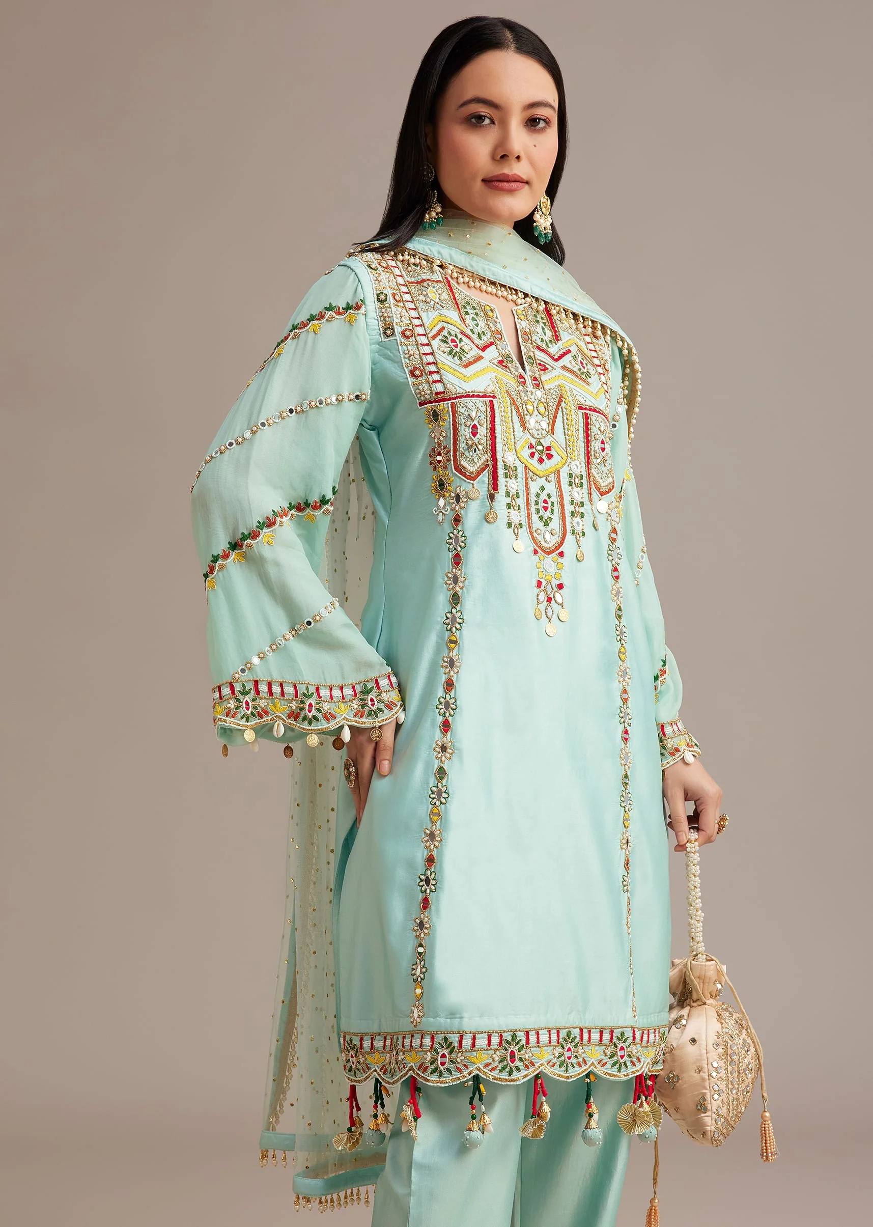 Sky Blue Silk Kurta Set With Mirror And Thread Work - Image 4
