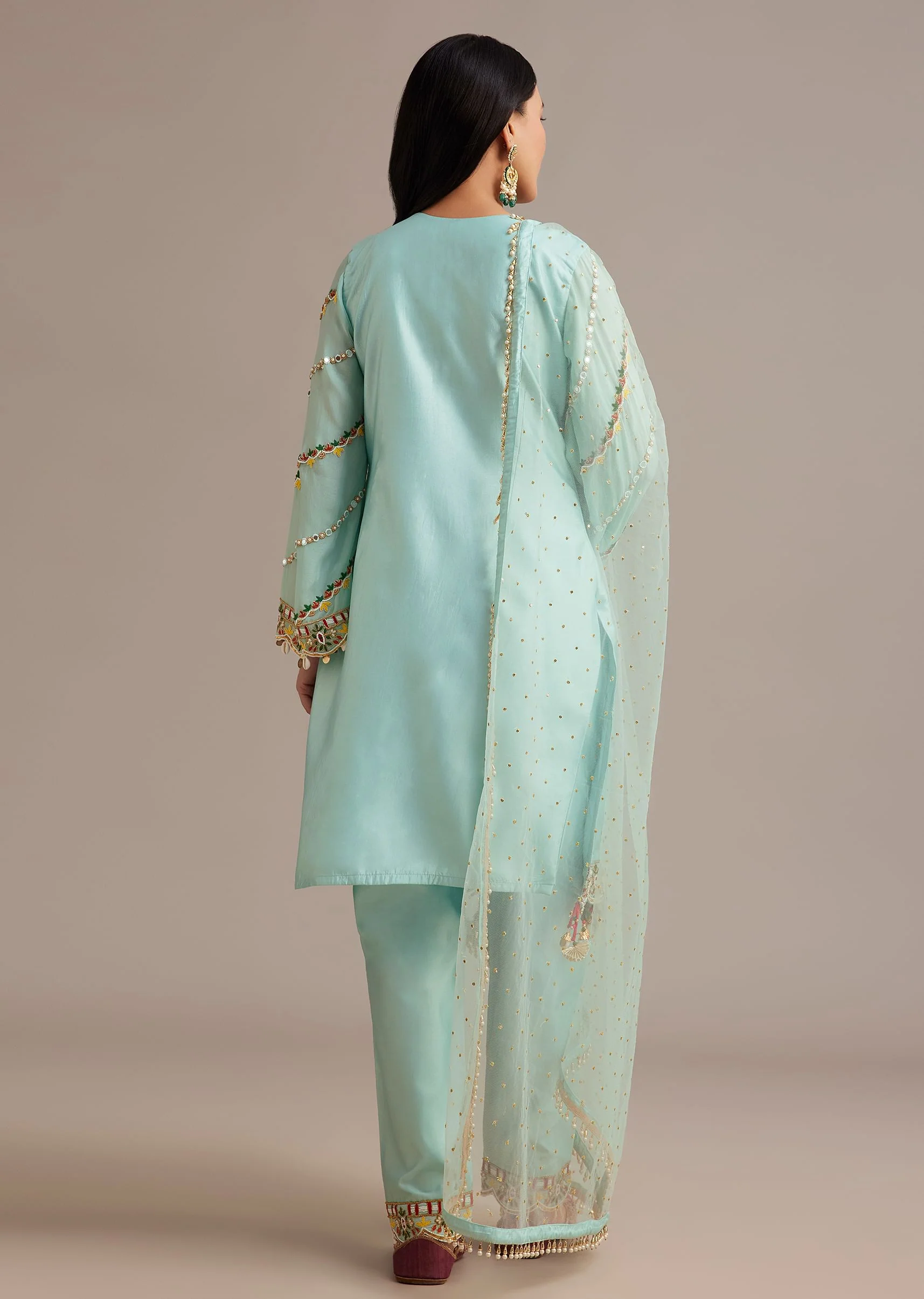 Sky Blue Silk Kurta Set With Mirror And Thread Work - Image 5