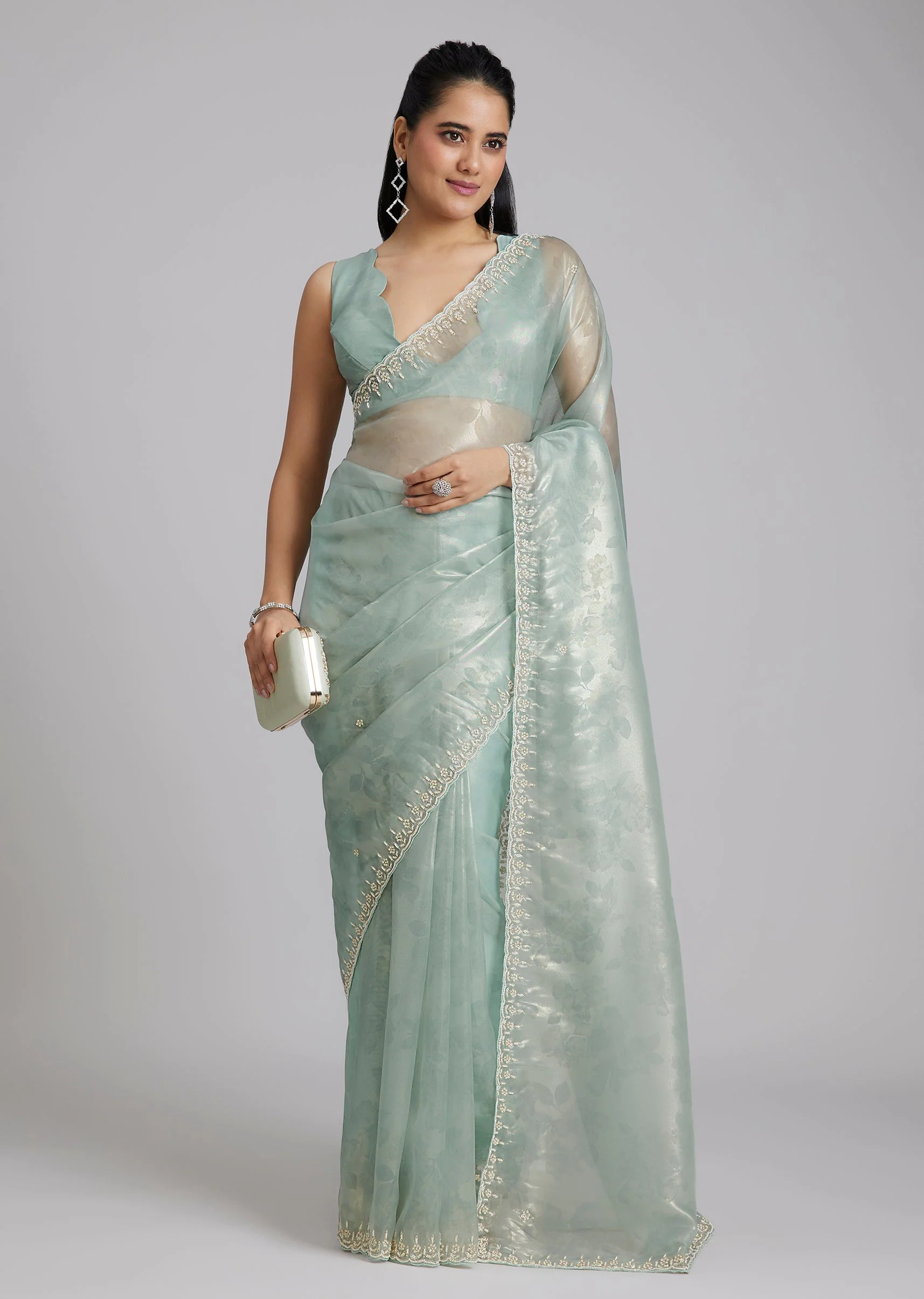 Sky Blue Tissue Saree With Floral Border And Buttis