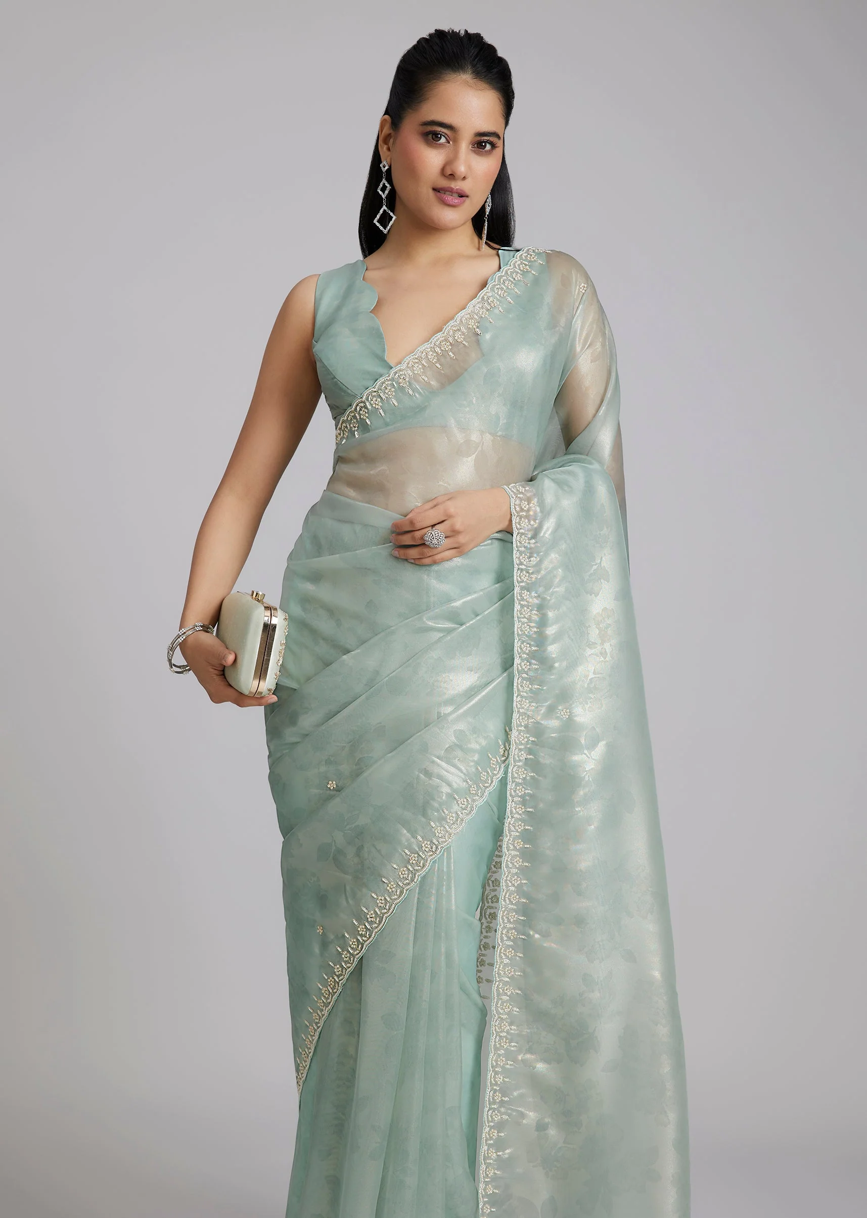 Sky Blue Tissue Saree With Floral Border And Buttis - Image 5