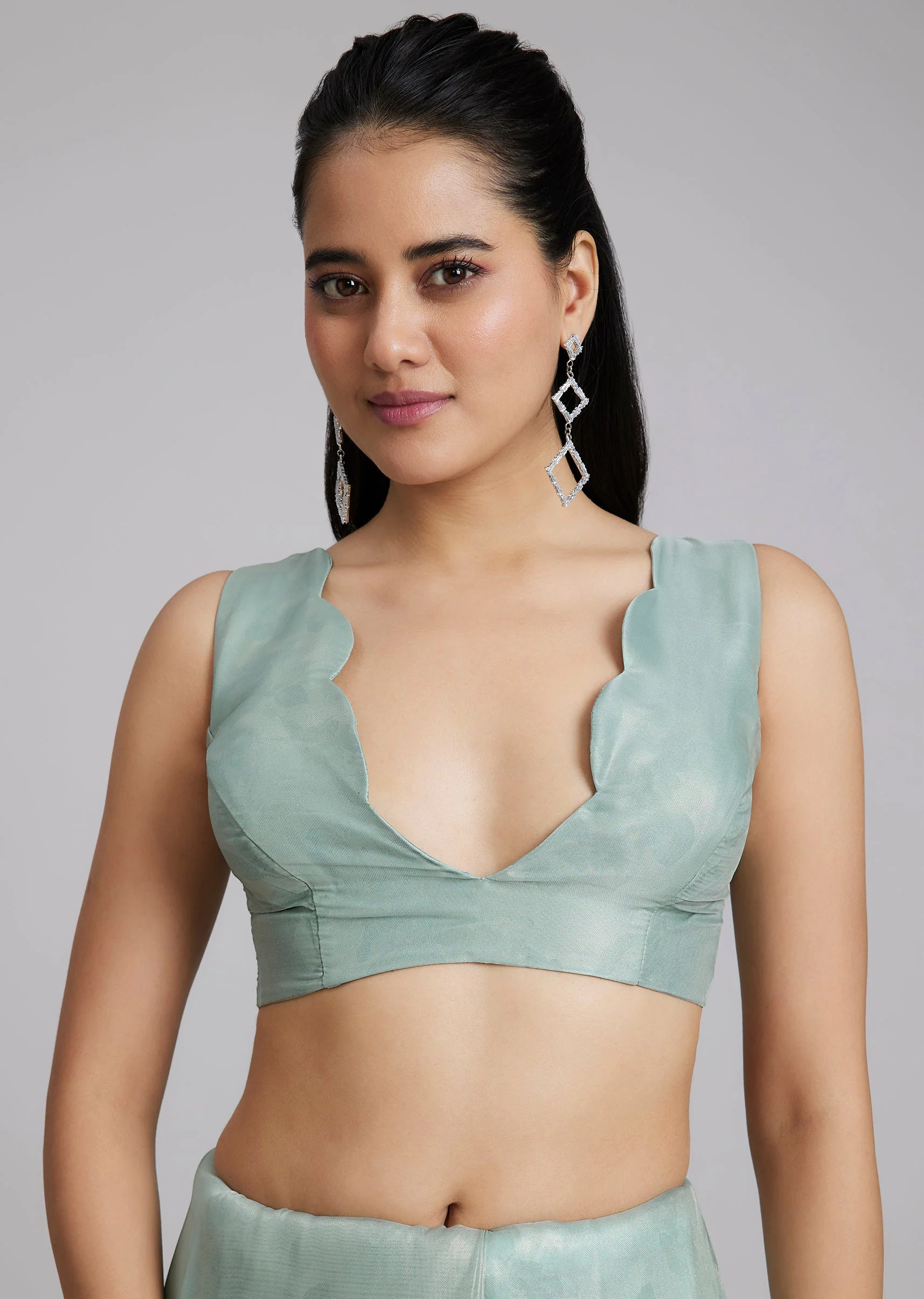 Sky Blue Tissue Saree With Floral Border And Buttis - Image 7