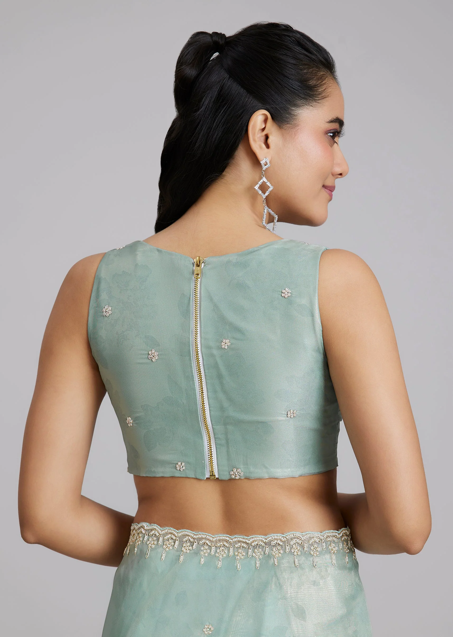 Sky Blue Tissue Saree With Floral Border And Buttis - Image 8