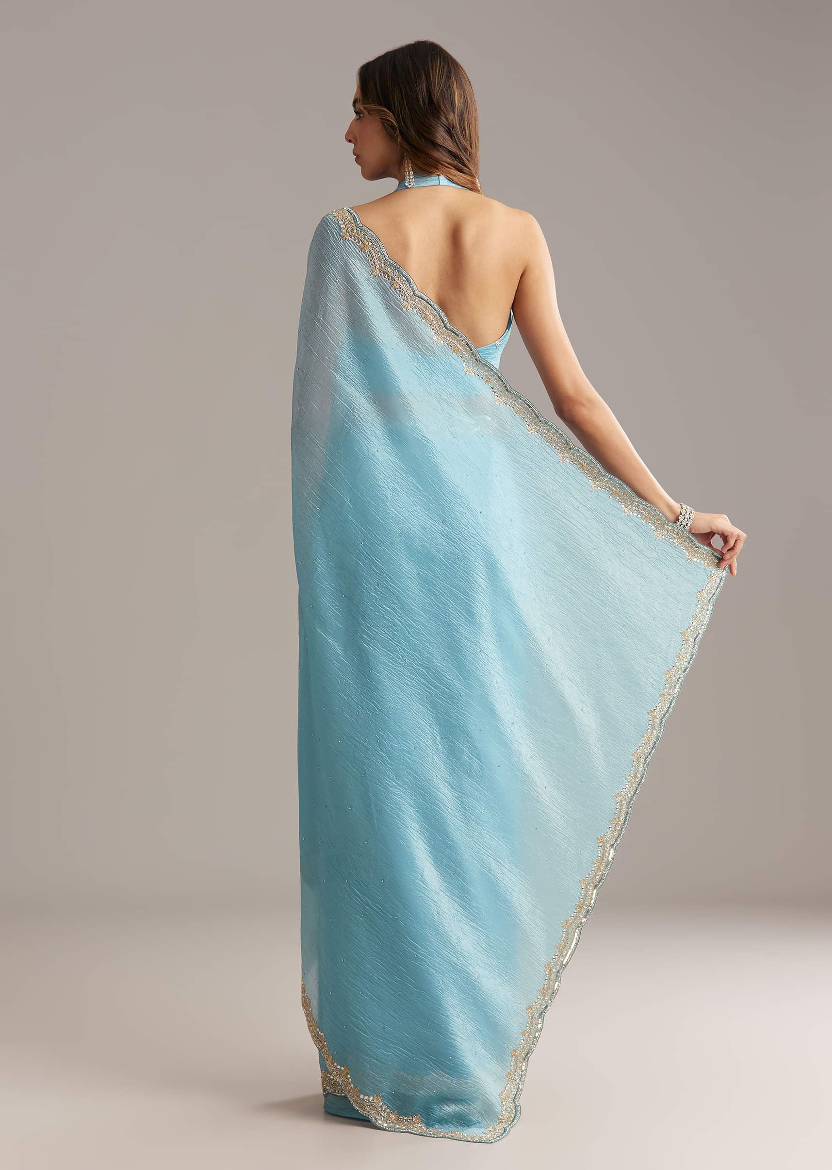 Sky Blue Tissue Saree With Scallop Border Embroidery - Image 2