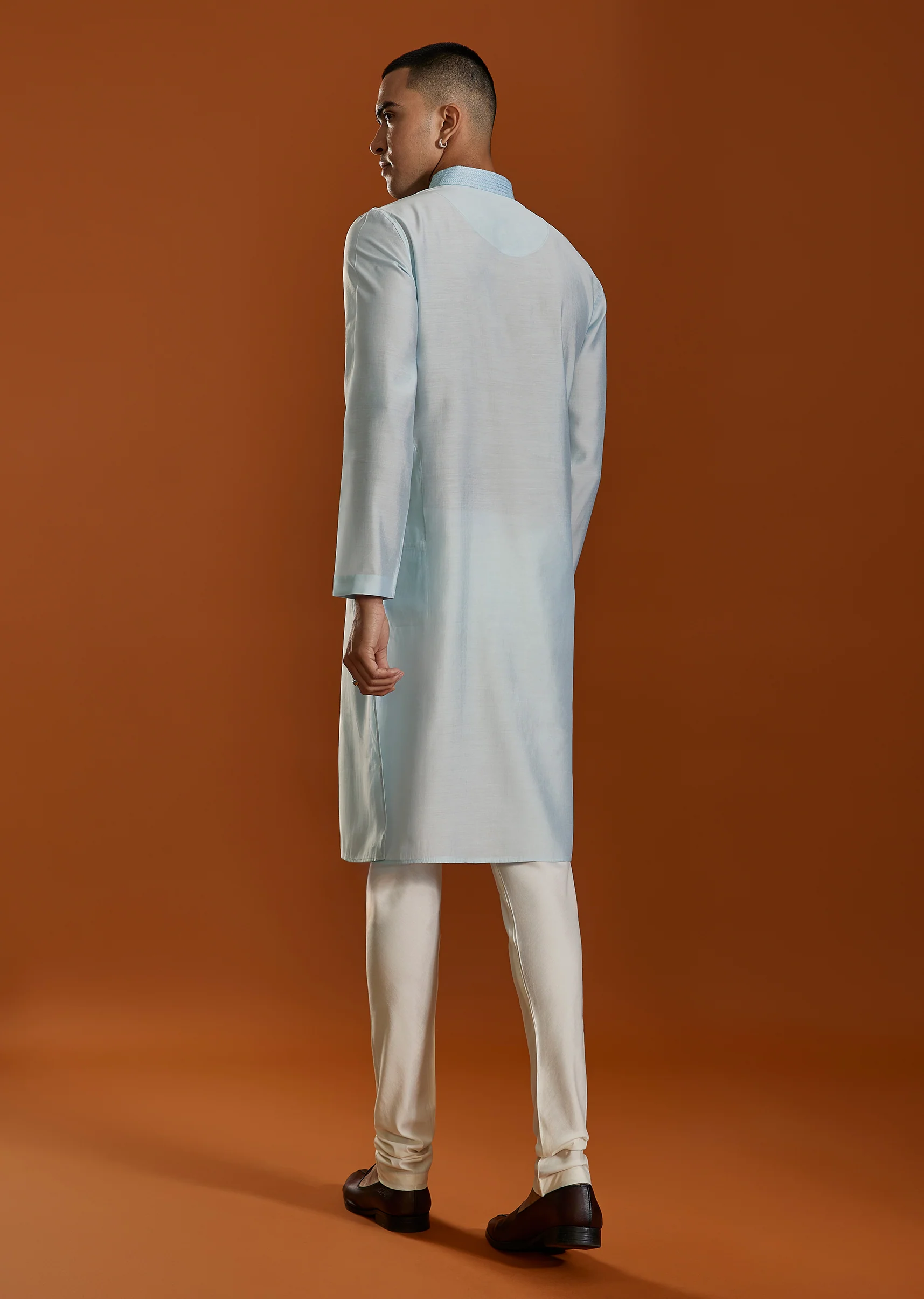 Sky Blue Viscose Resham Work Mens Kurta and Pant Set - Image 4