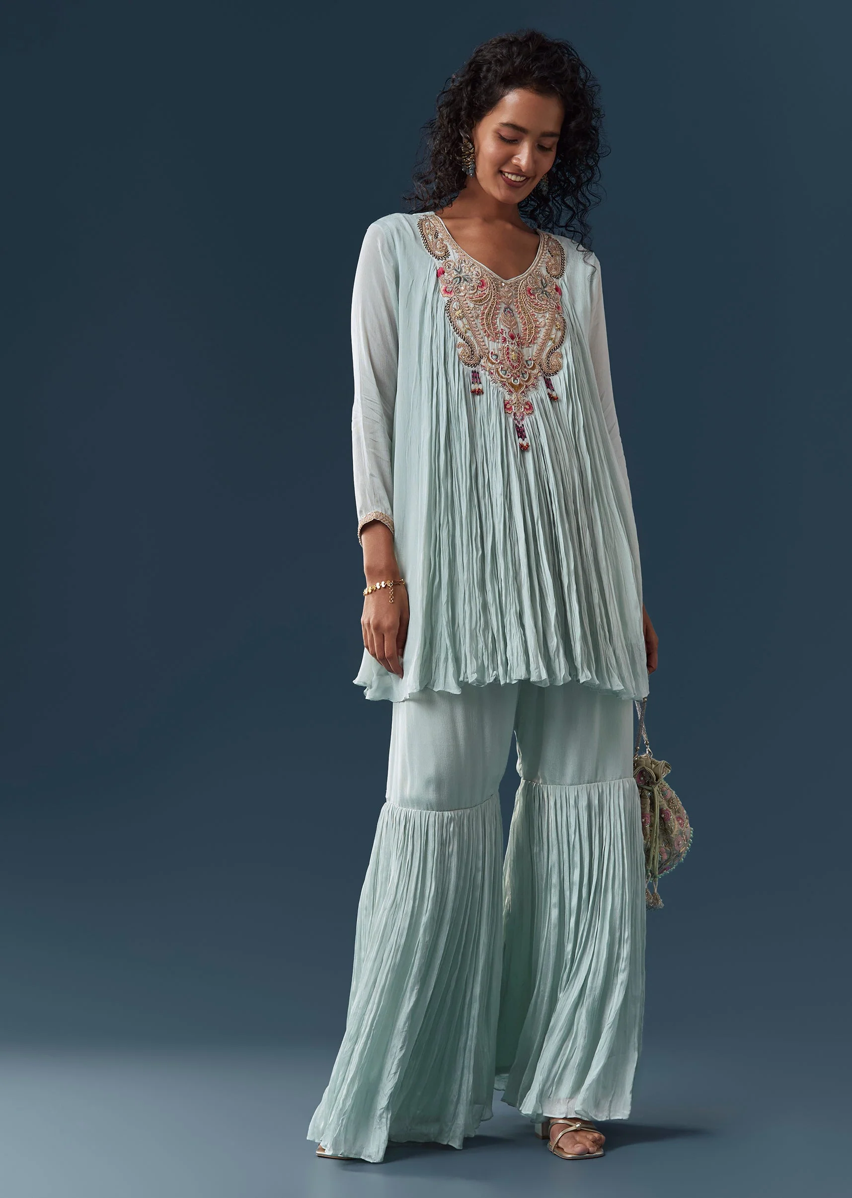 Sky Blue Zardosi Cape-Style Sharara Set