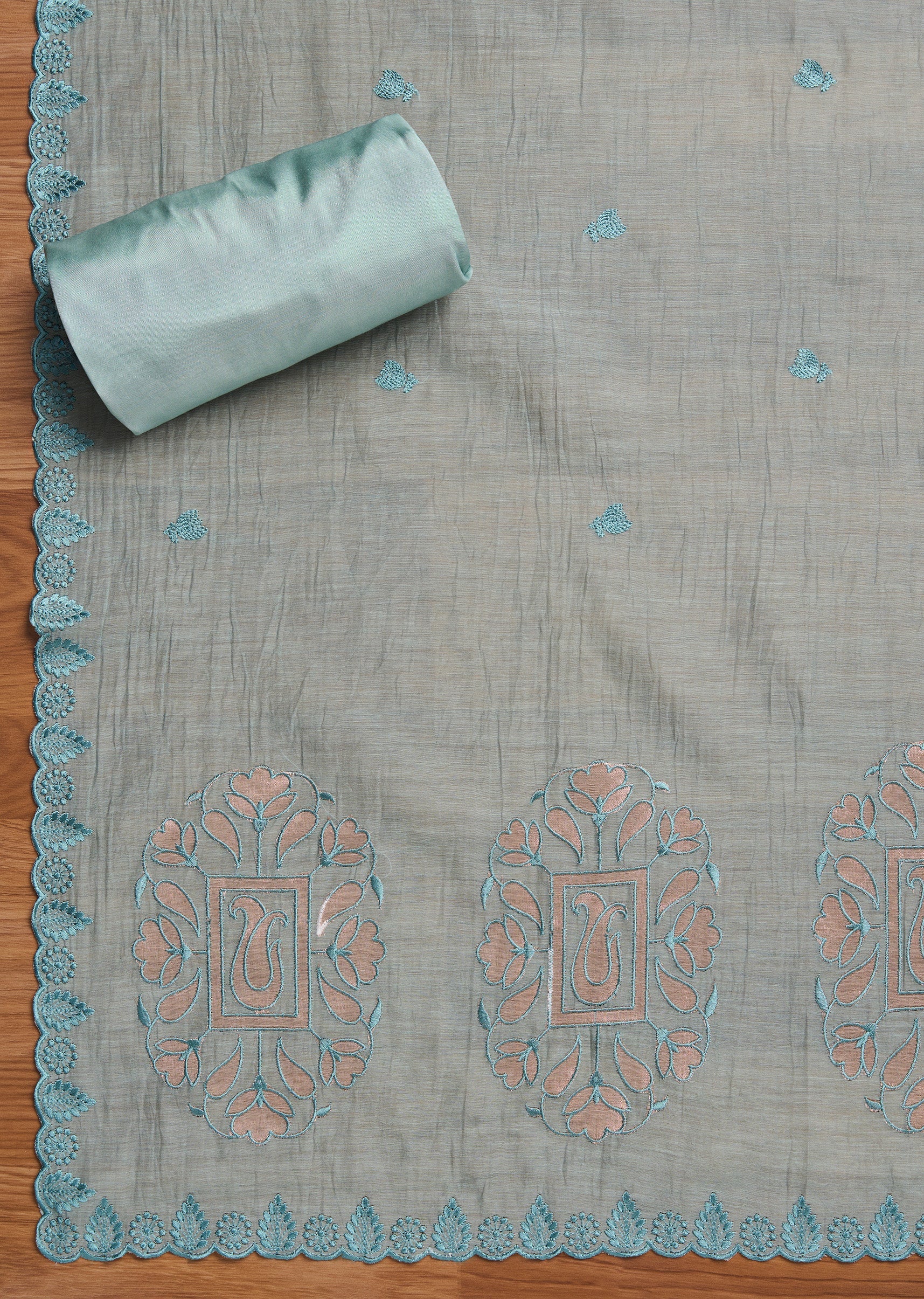 Soft Blue Chanderi Embroidered Unstitched Suit Set - Image 3