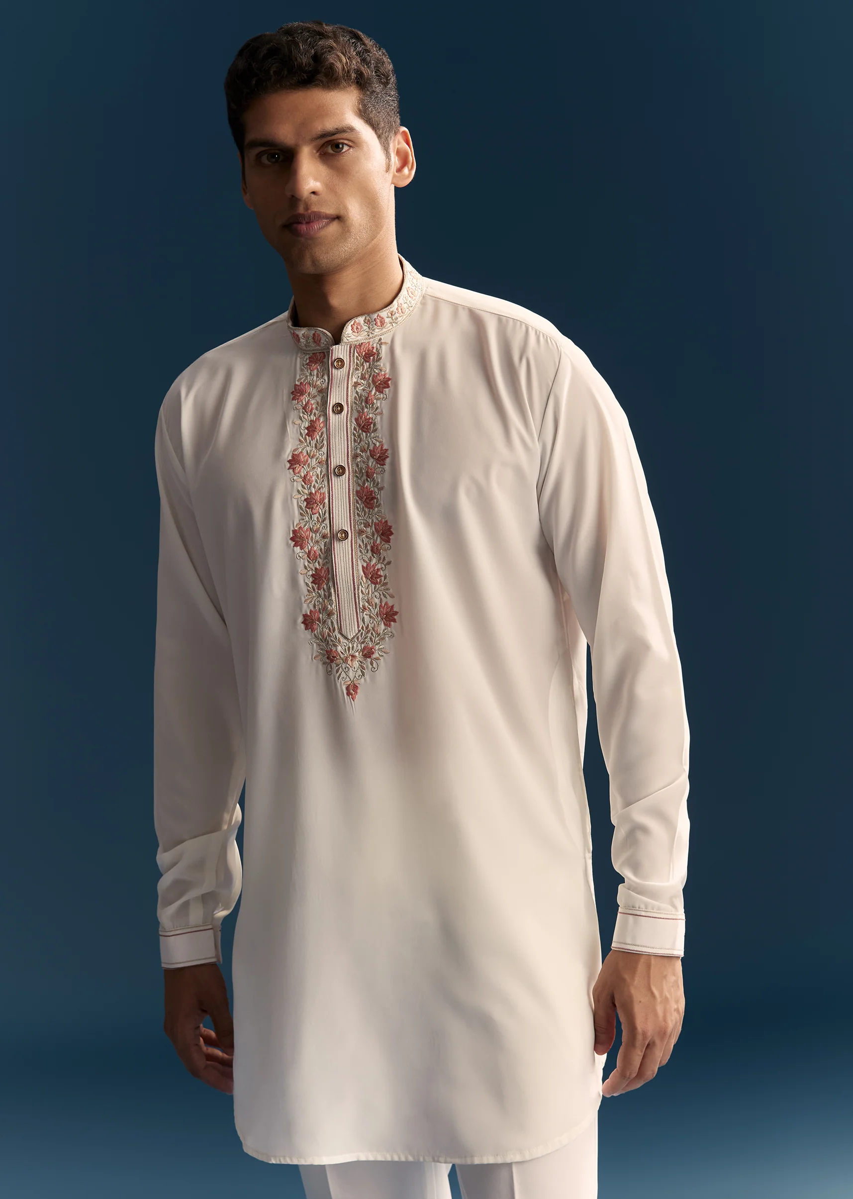 Soft Coordinated Couple Set – Off-White Floral Crop Top Palazzo Set With Cutdana For Her And Off-White Indo-Western Set With Hand Embroidery For Him - Image 11