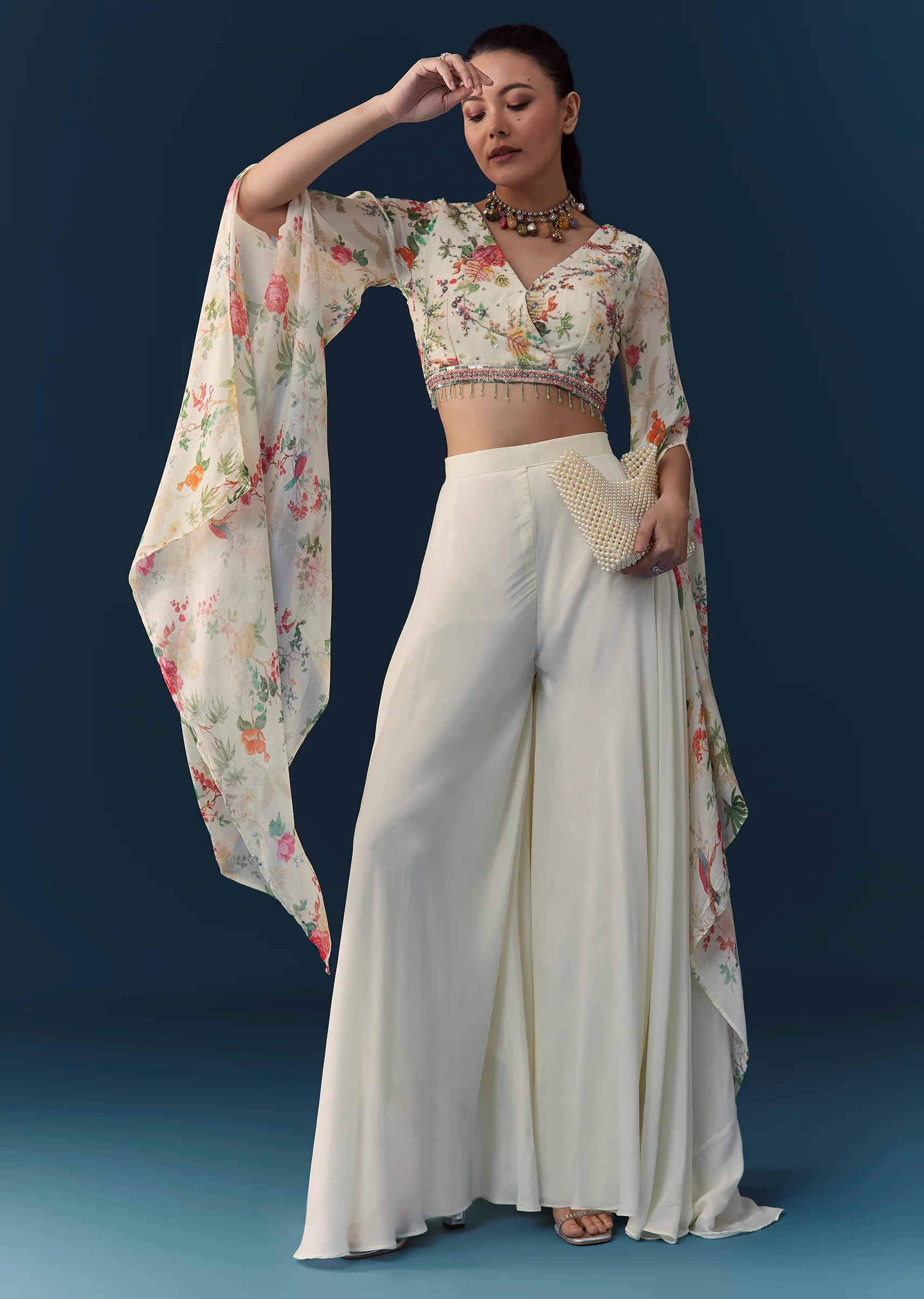 Soft Coordinated Couple Set – Off-White Floral Crop Top Palazzo Set With Cutdana For Her And Off-White Indo-Western Set With Hand Embroidery For Him - Image 3