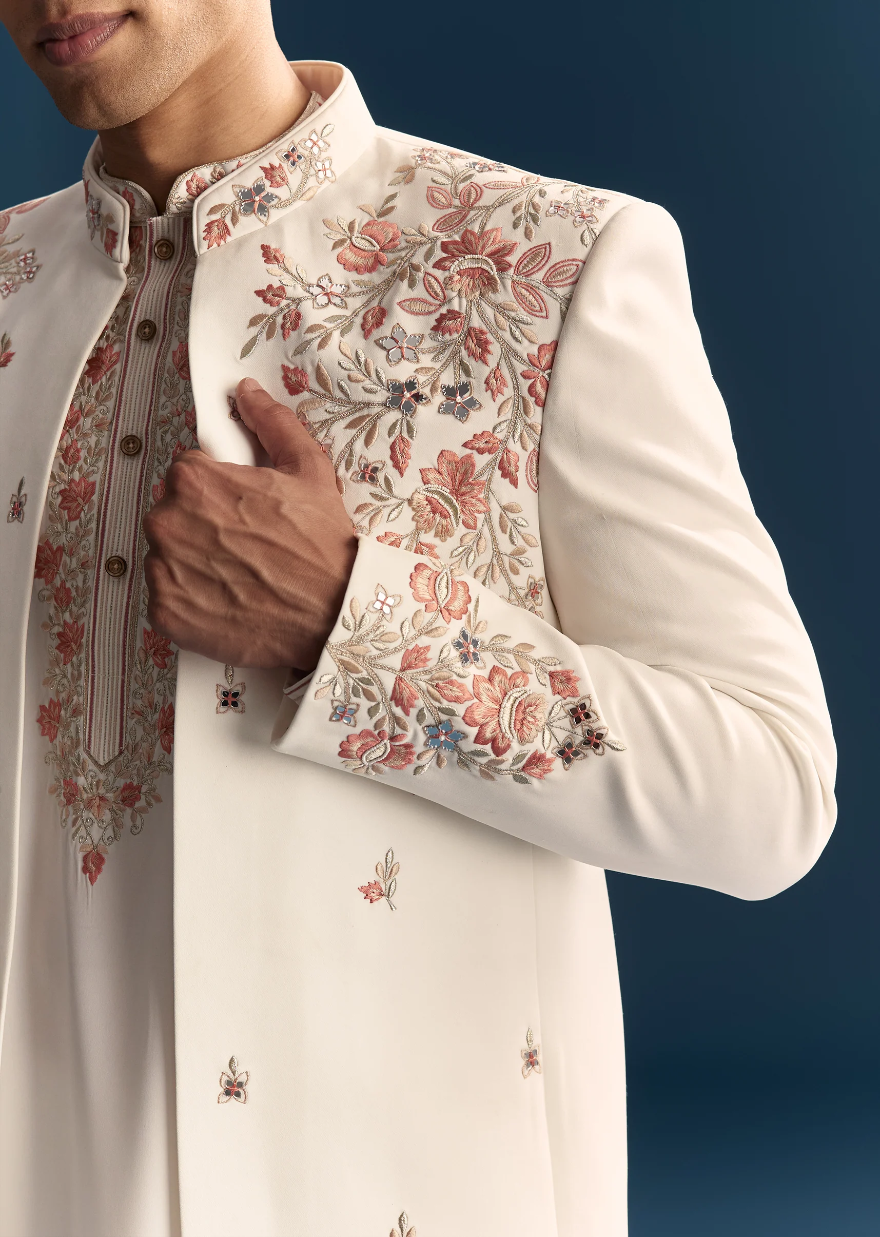 Soft Coordinated Couple Set – Off-White Floral Crop Top Palazzo Set With Cutdana For Her And Off-White Indo-Western Set With Hand Embroidery For Him - Image 7