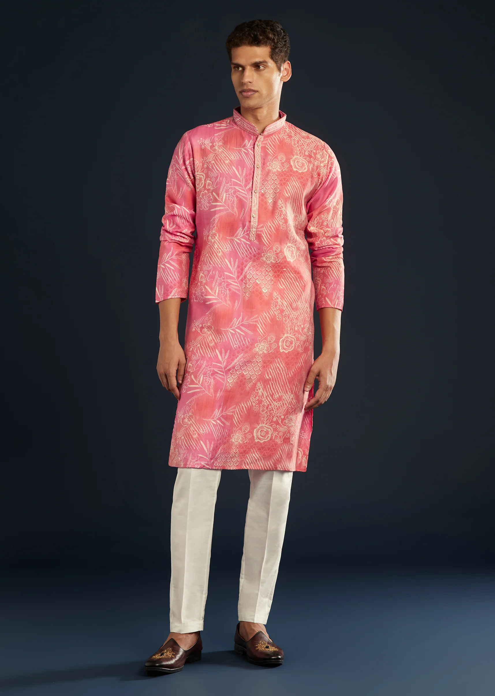 Soft Festive Couple Set – Pink Muslin Gotta Work Anarkali With Pant And Dupatta For Her And Pink Floral Print Art Silk Kurta Pant Set For Him - Image 10