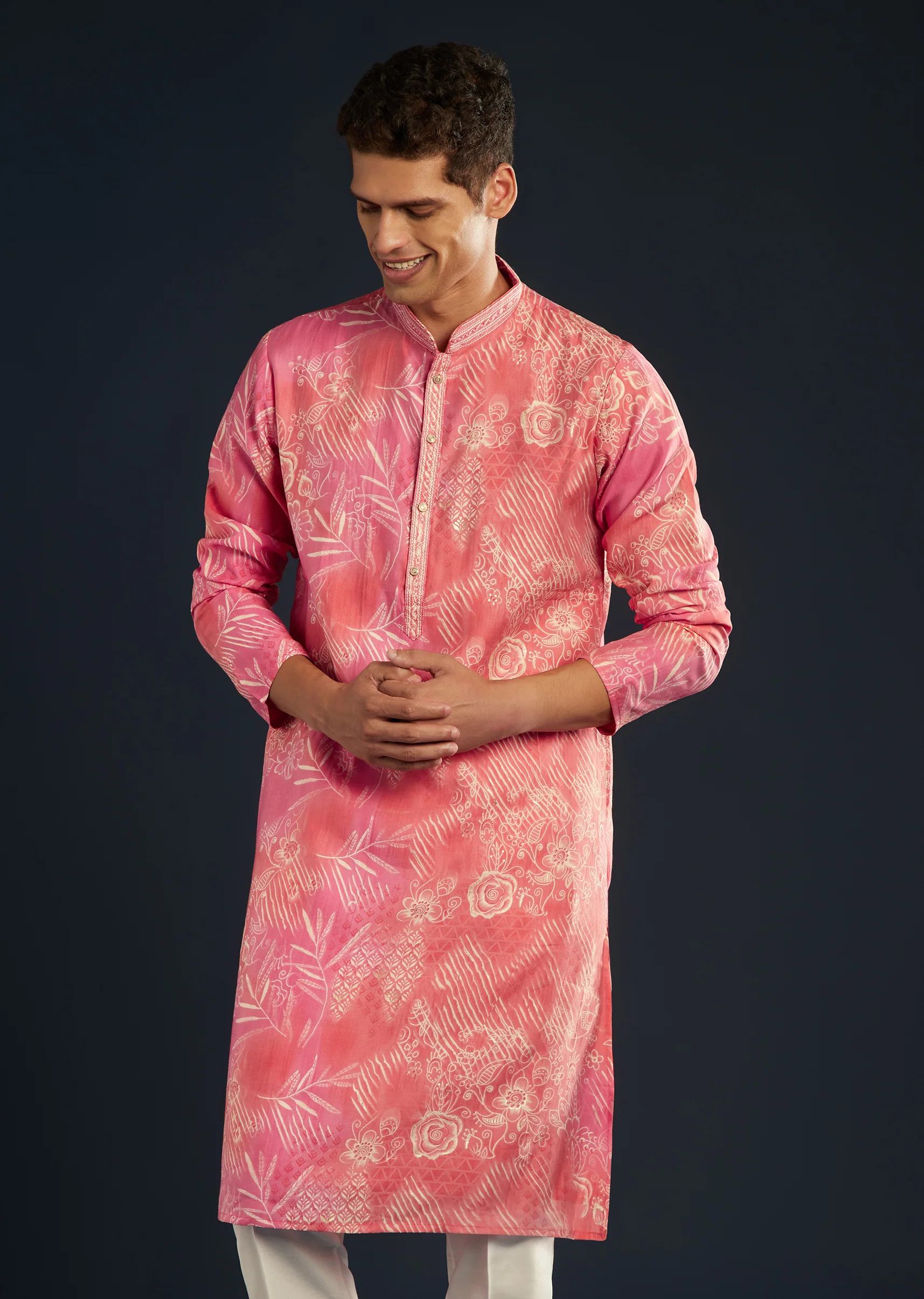 Soft Festive Couple Set – Pink Muslin Gotta Work Anarkali With Pant And Dupatta For Her And Pink Floral Print Art Silk Kurta Pant Set For Him - Image 11
