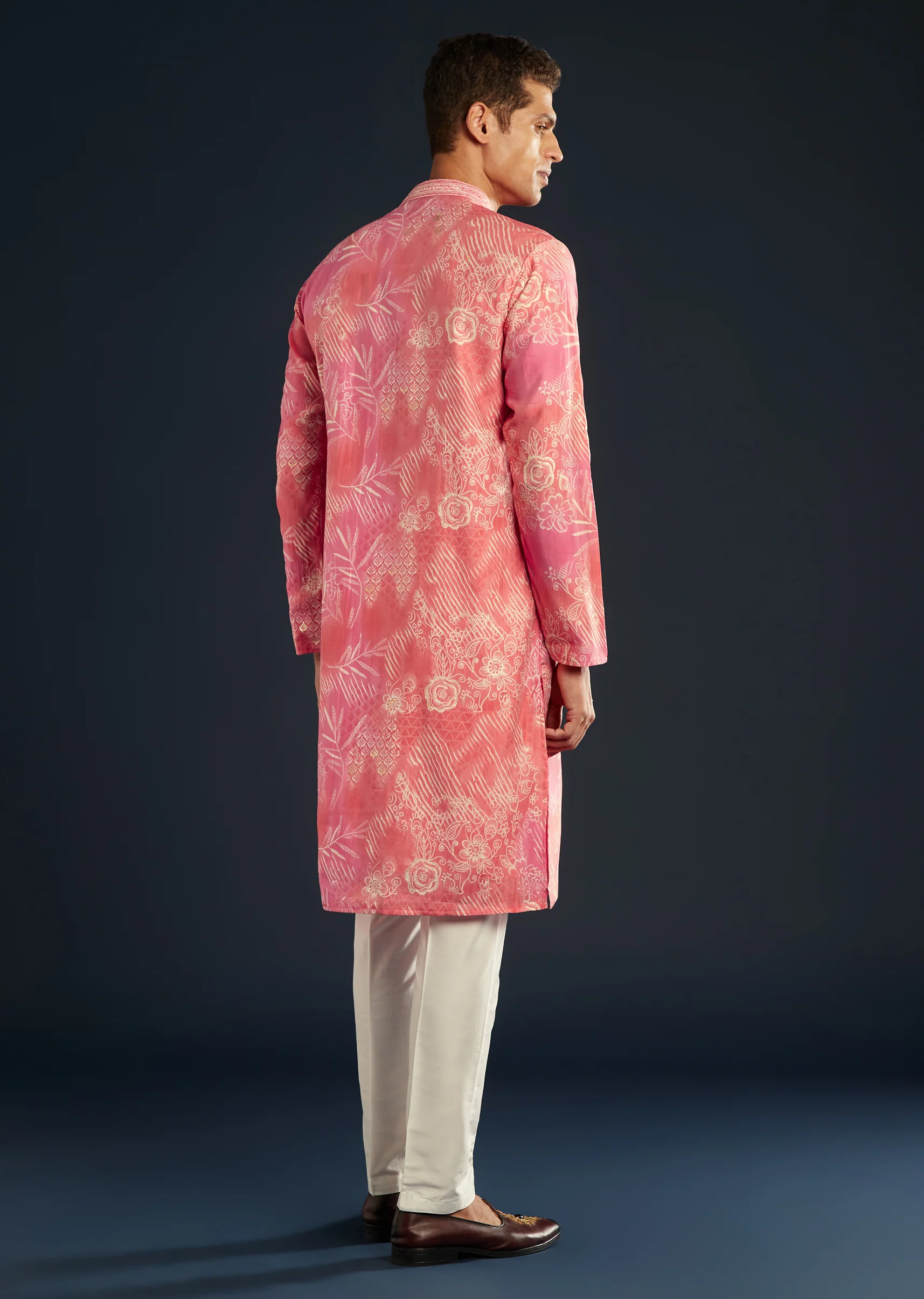 Soft Festive Couple Set – Pink Muslin Gotta Work Anarkali With Pant And Dupatta For Her And Pink Floral Print Art Silk Kurta Pant Set For Him - Image 12