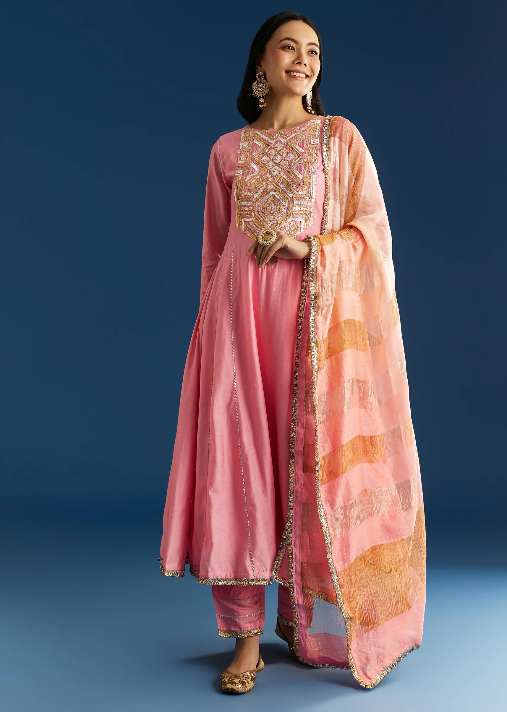 Soft Festive Couple Set – Pink Muslin Gotta Work Anarkali With Pant And Dupatta For Her And Pink Floral Print Art Silk Kurta Pant Set For Him - Image 4