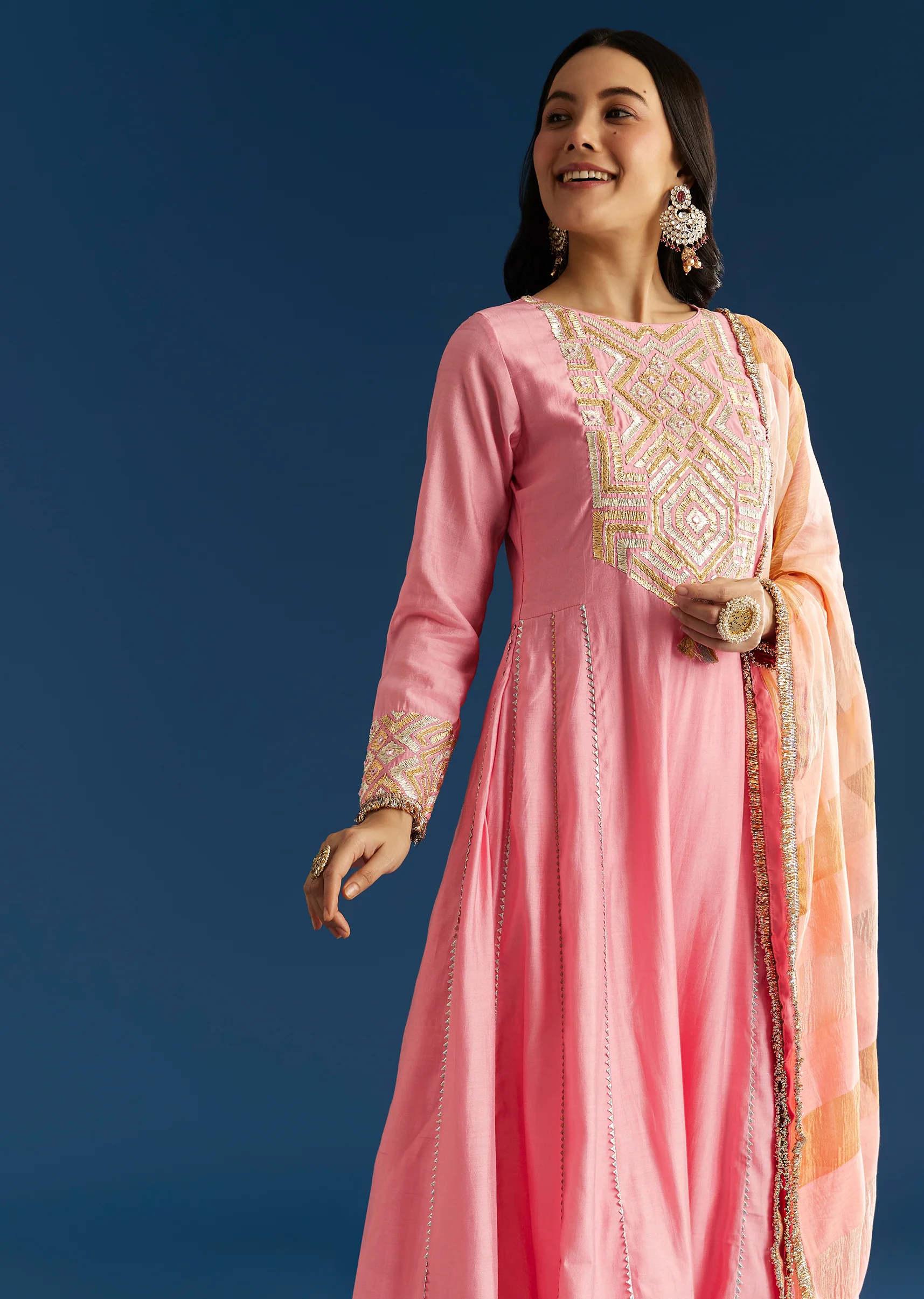 Soft Festive Couple Set – Pink Muslin Gotta Work Anarkali With Pant And Dupatta For Her And Pink Floral Print Art Silk Kurta Pant Set For Him - Image 5