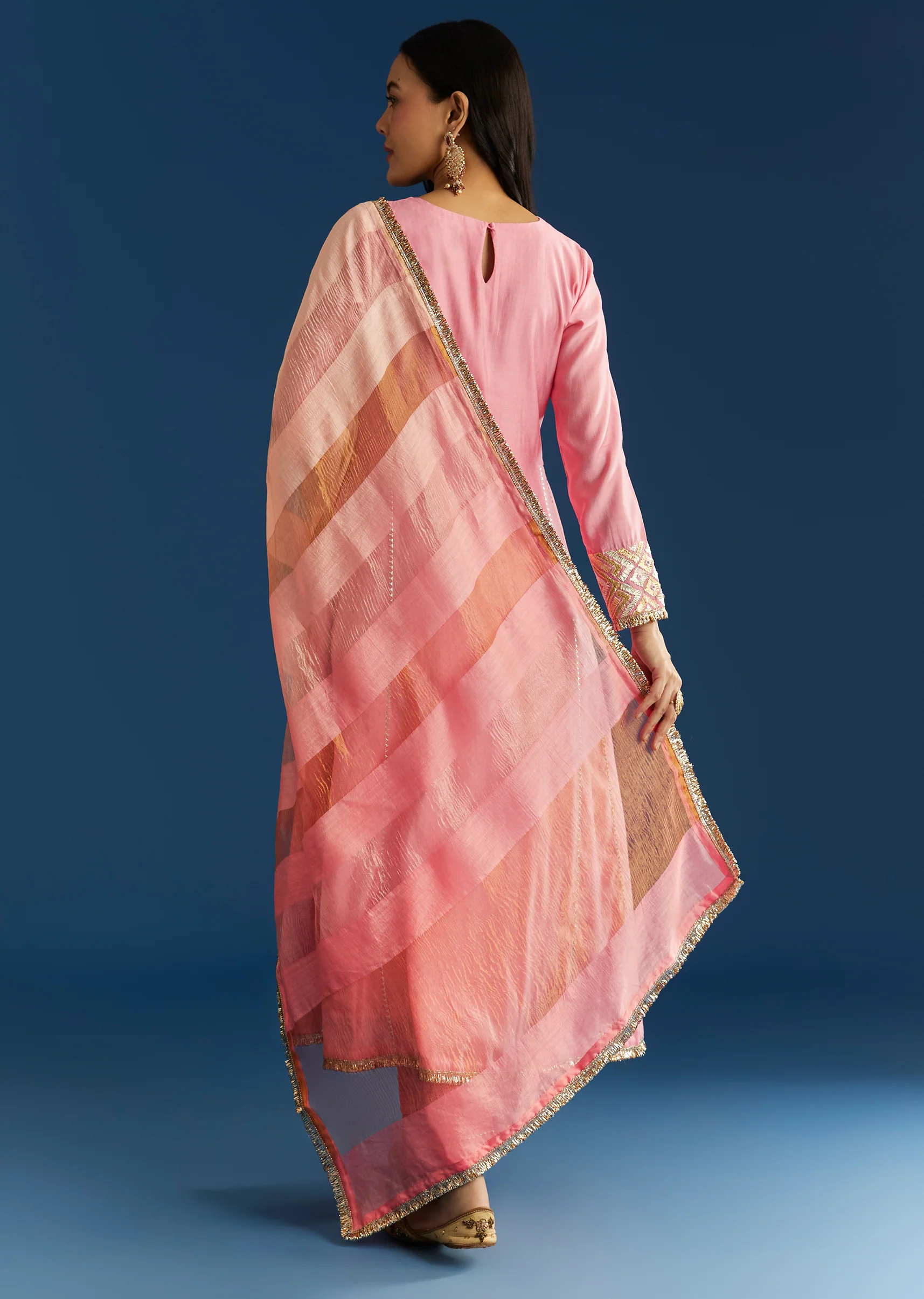 Soft Festive Couple Set – Pink Muslin Gotta Work Anarkali With Pant And Dupatta For Her And Pink Floral Print Art Silk Kurta Pant Set For Him - Image 6