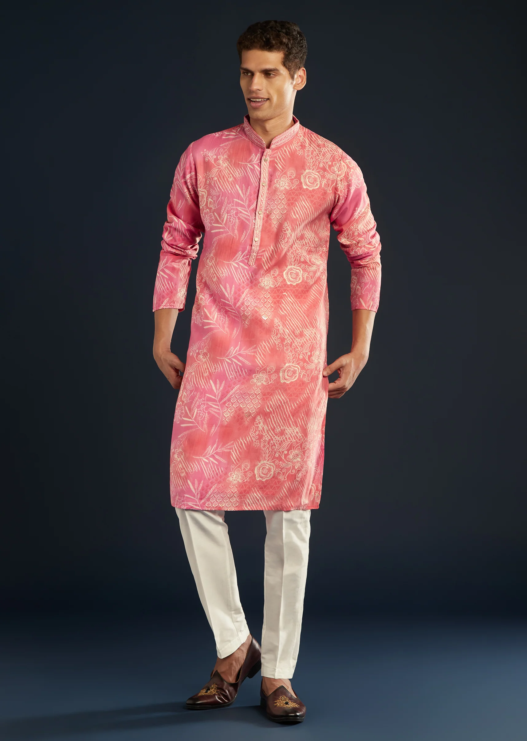 Soft Festive Couple Set – Pink Muslin Gotta Work Anarkali With Pant And Dupatta For Her And Pink Floral Print Art Silk Kurta Pant Set For Him - Image 8