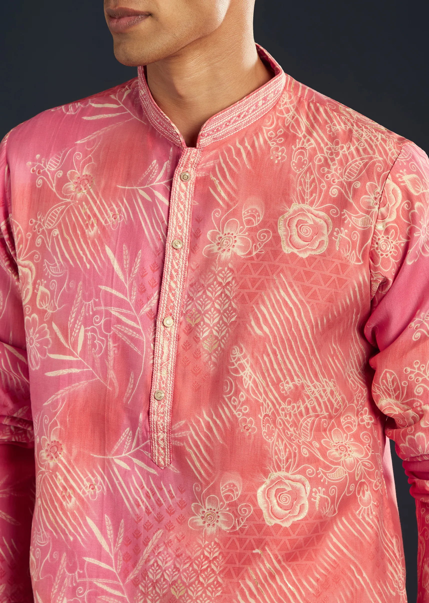 Soft Festive Couple Set – Pink Muslin Gotta Work Anarkali With Pant And Dupatta For Her And Pink Floral Print Art Silk Kurta Pant Set For Him - Image 9