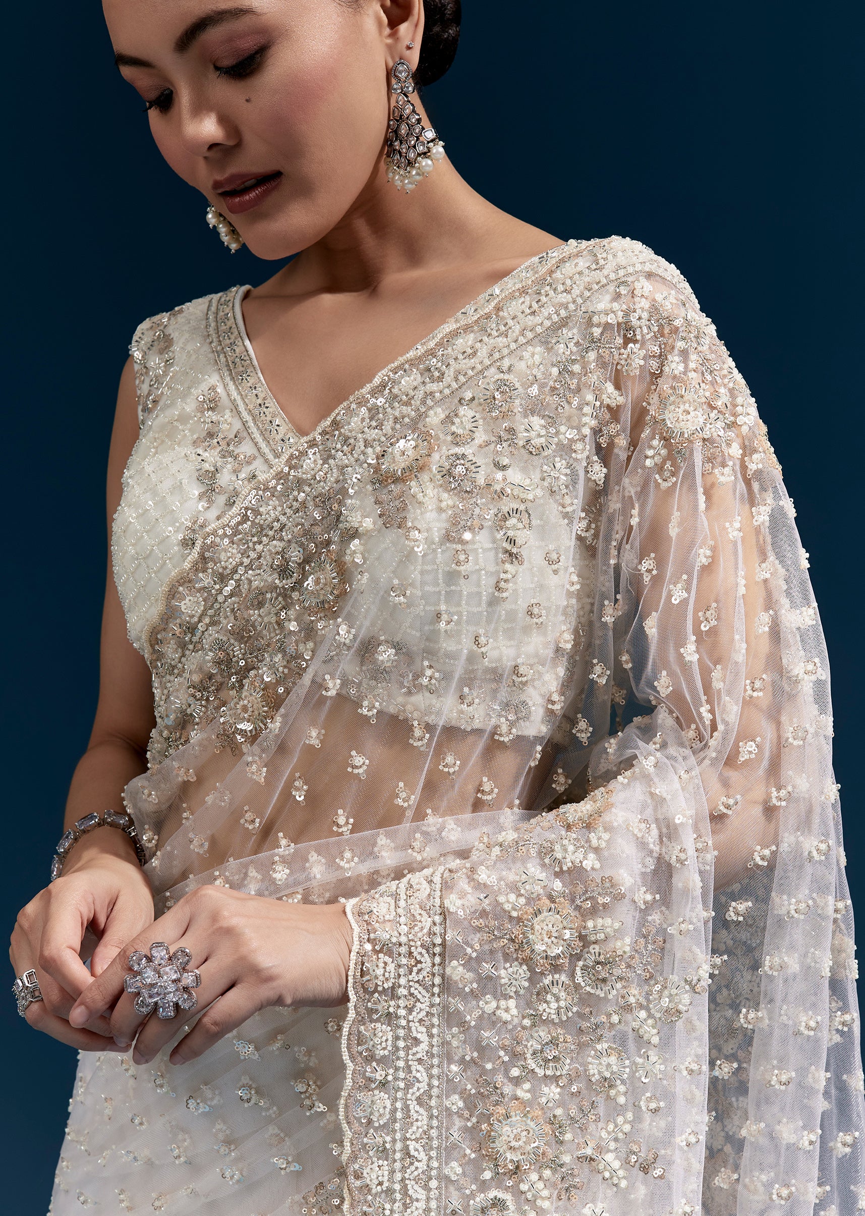 Soft Glow Couple Set – Off-White Heavy Embroidered Net Saree For Her And Cream Art Silk Jacket Kurta Set For Him - Image 2