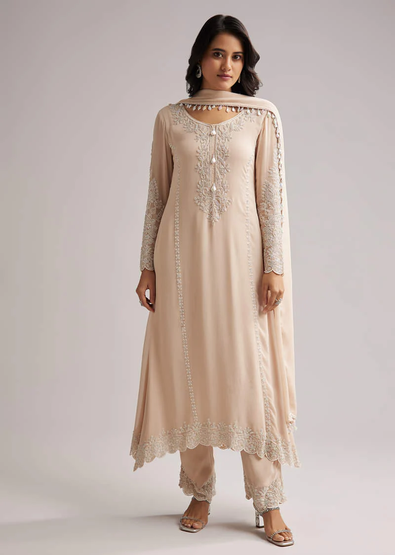 Soft Peach Beaded Kurti Pant Set With Dupatta - Image 4