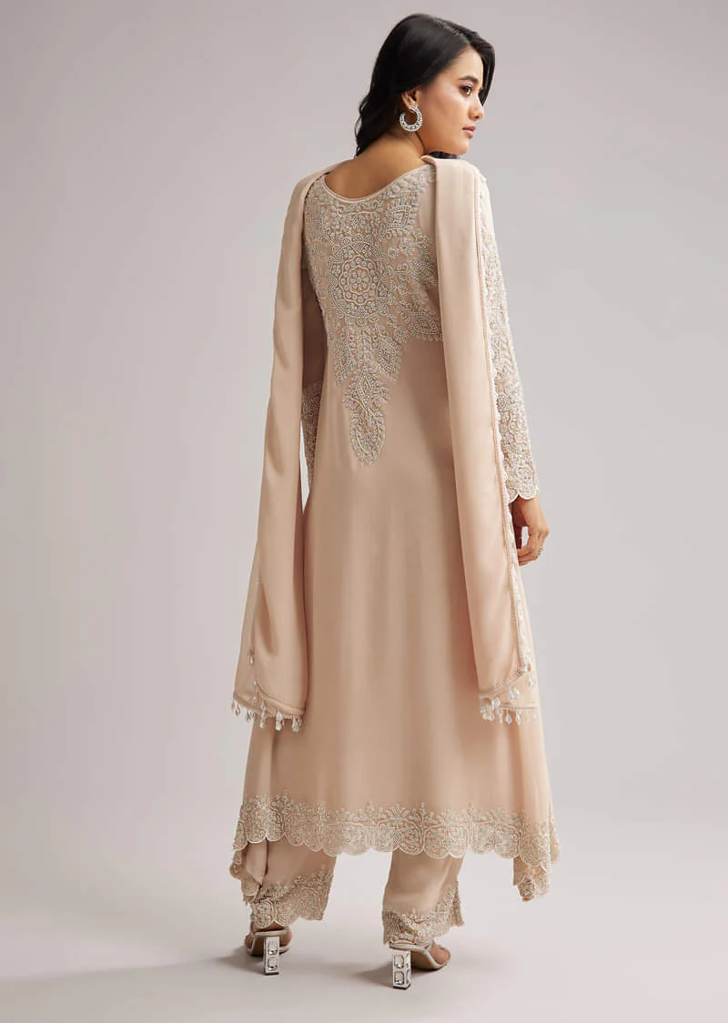 Soft Peach Beaded Kurti Pant Set With Dupatta - Image 5