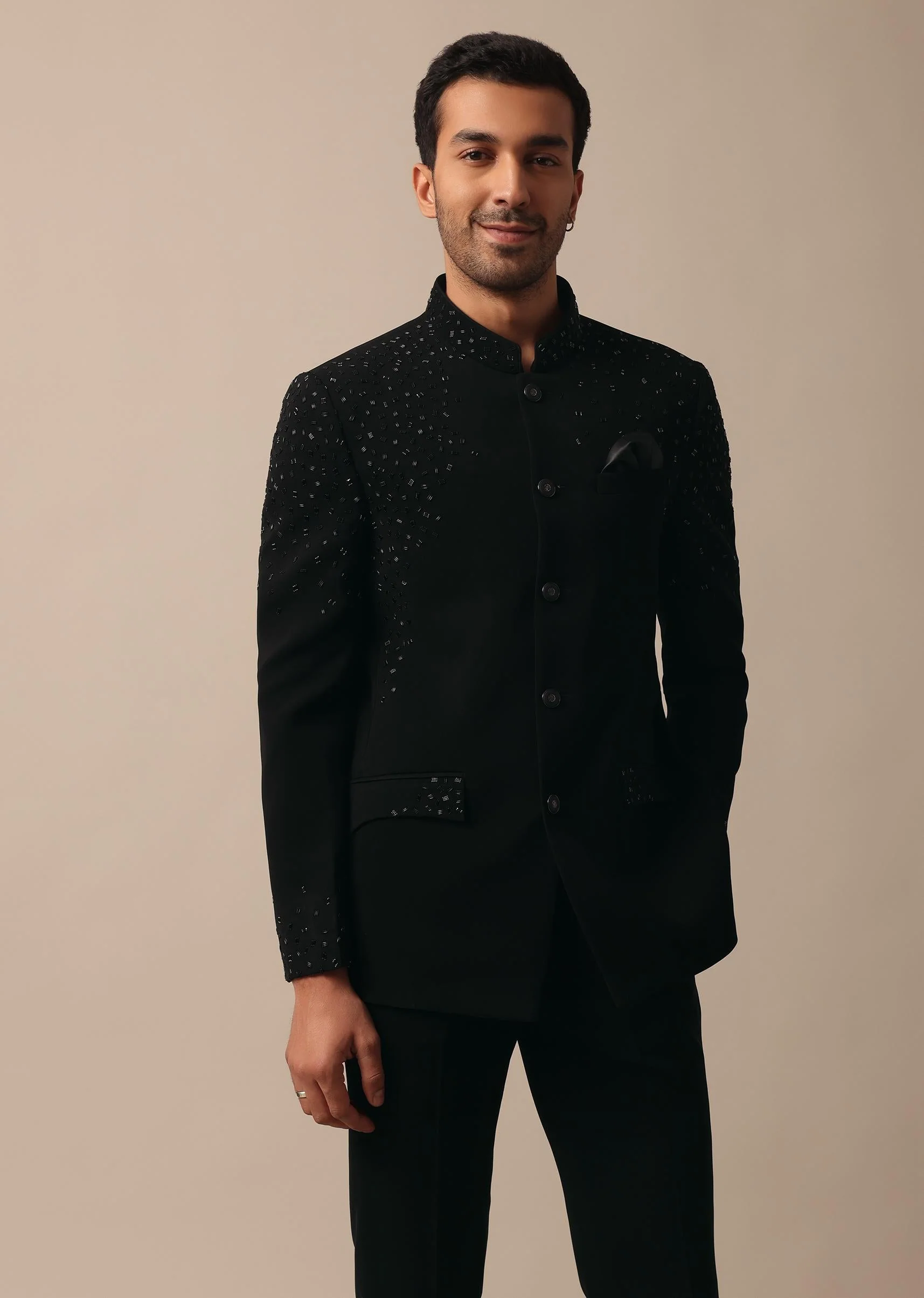 Sophisticated Black Textured Fabric Jodhpuri Suit - Image 4