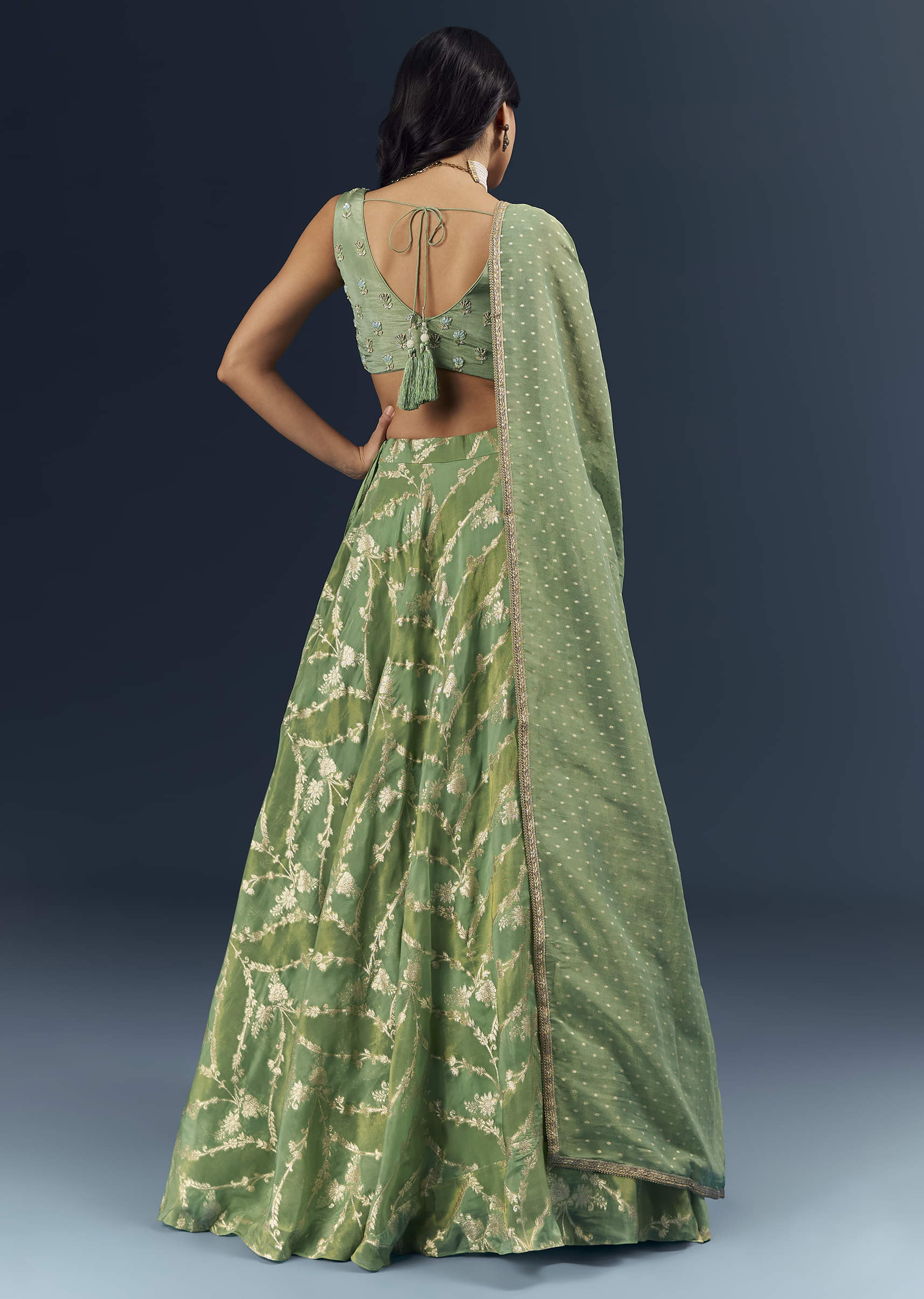 Spa Green Banarasi Silk Bridesmaid Lehenga With Heavy Hand Embroidery - Image 2