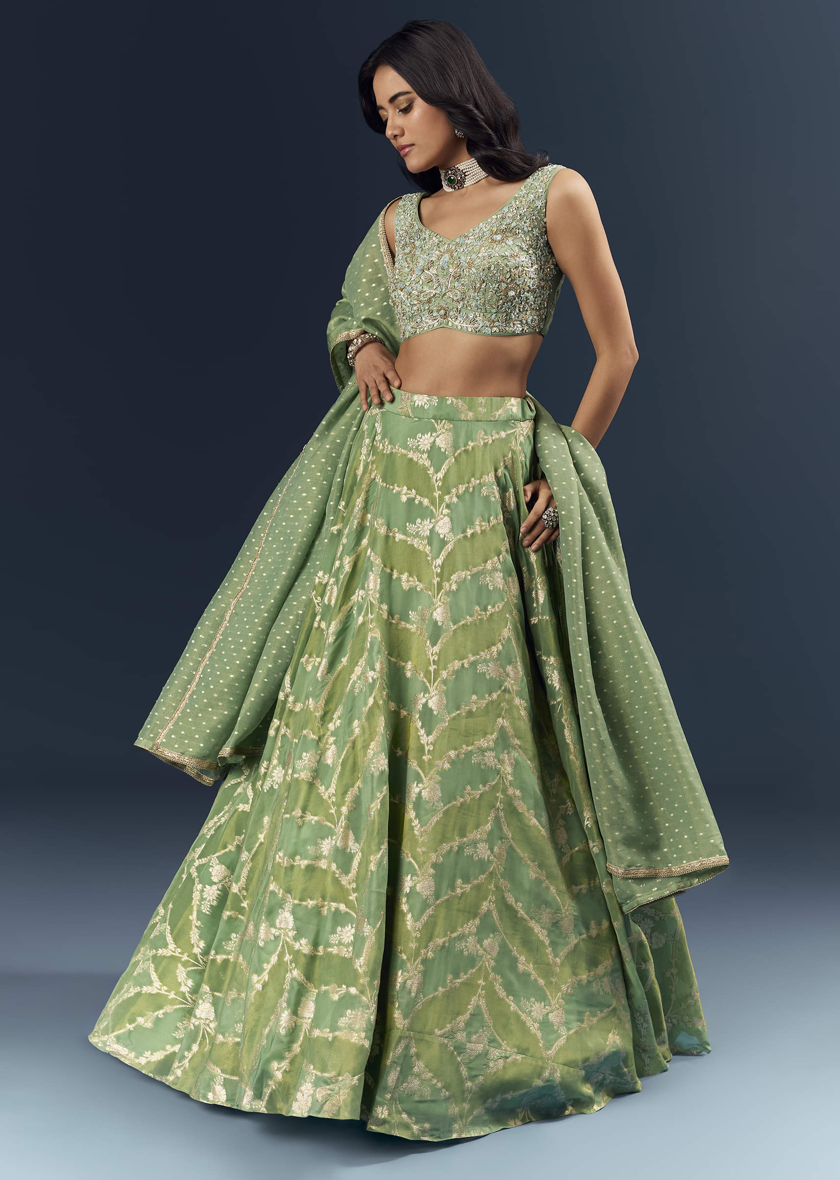 Spa Green Banarasi Silk Bridesmaid Lehenga With Heavy Hand Embroidery - Image 4