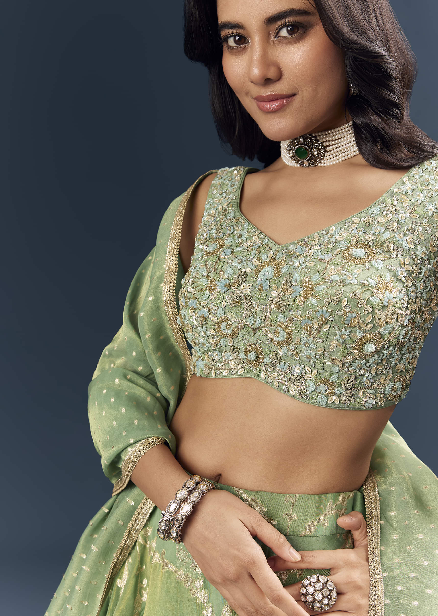 Spa Green Banarasi Silk Bridesmaid Lehenga With Heavy Hand Embroidery - Image 5