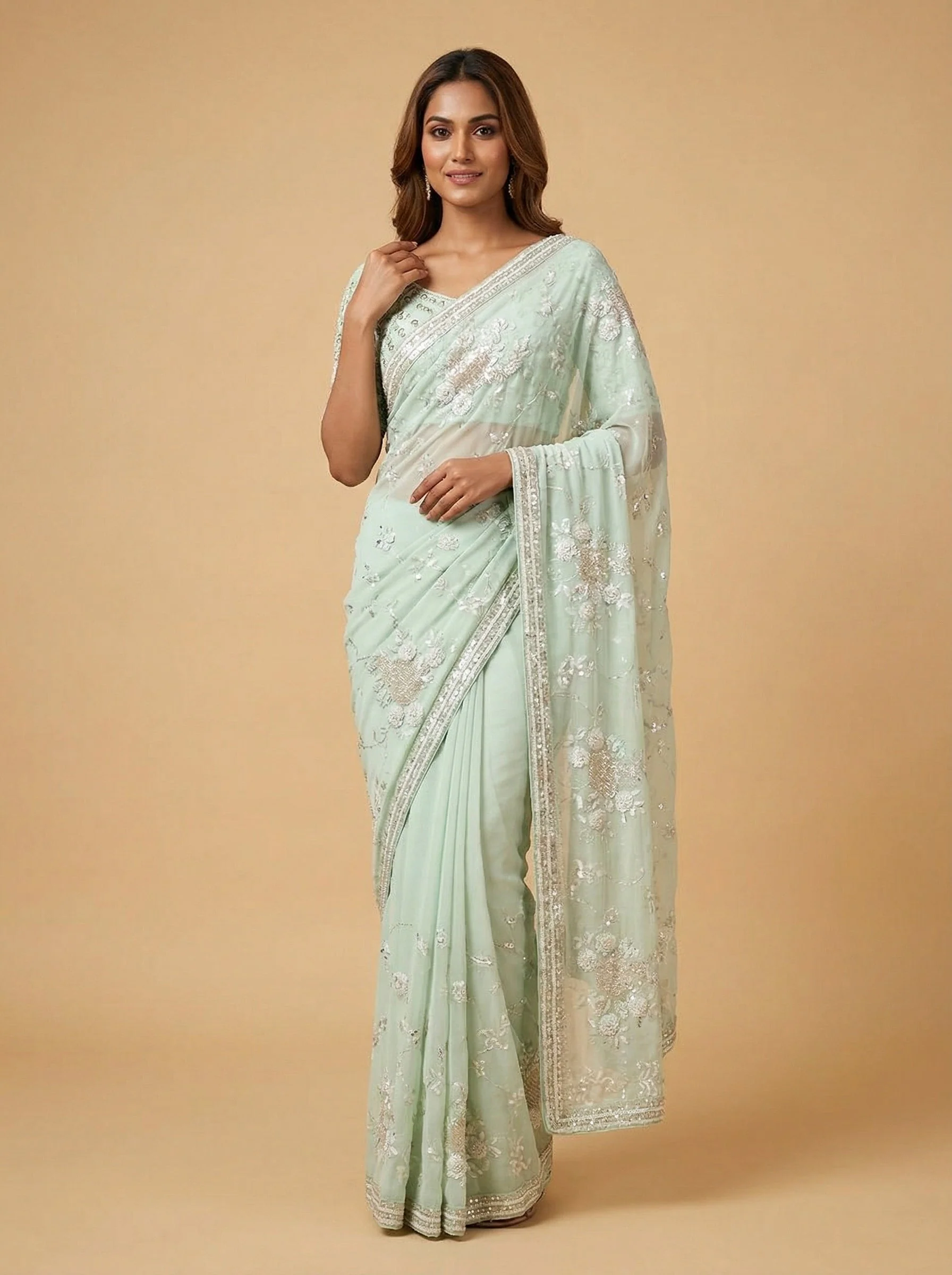 Spearmint Green Embroidered Saree