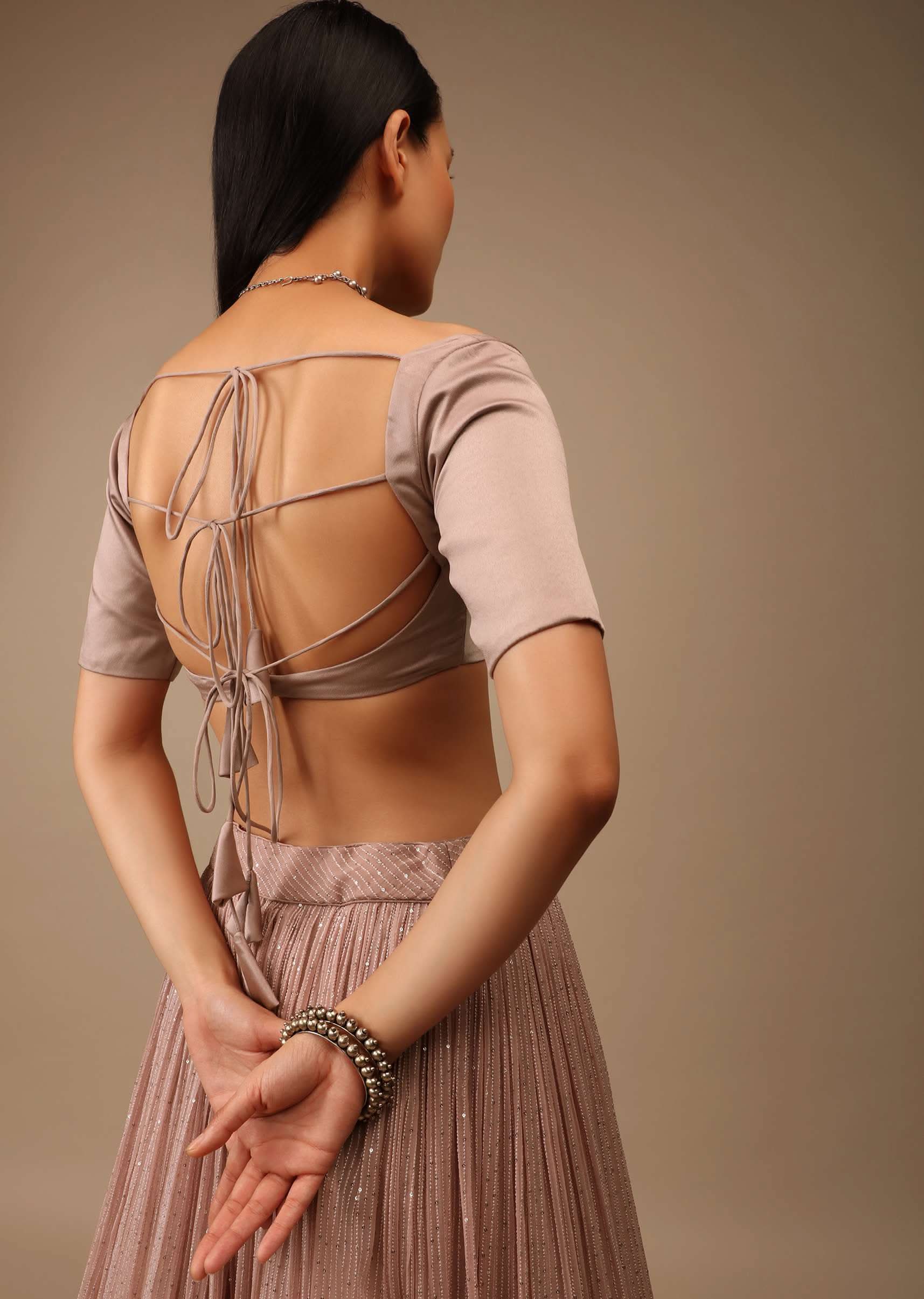 Sphinx Grey Blouse In Satin With Plunging Sweetheart Neckline And Half Sleeves - Image 2