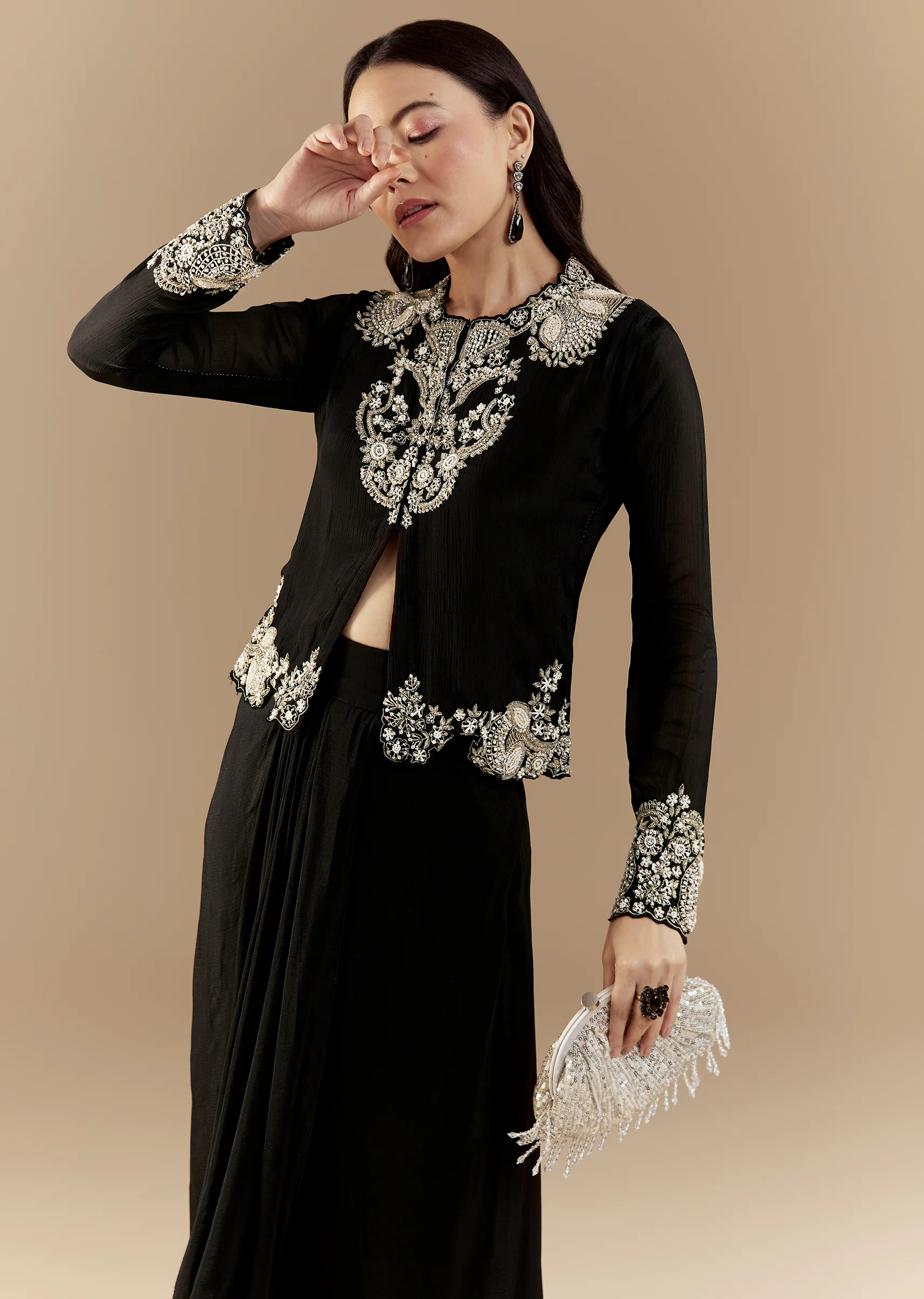 Statement Black Modern Couple Set – Black Chinon Crop Top Skirt Set For Her And Black Foil Applique Jacket Kurta Set For Him - Image 3