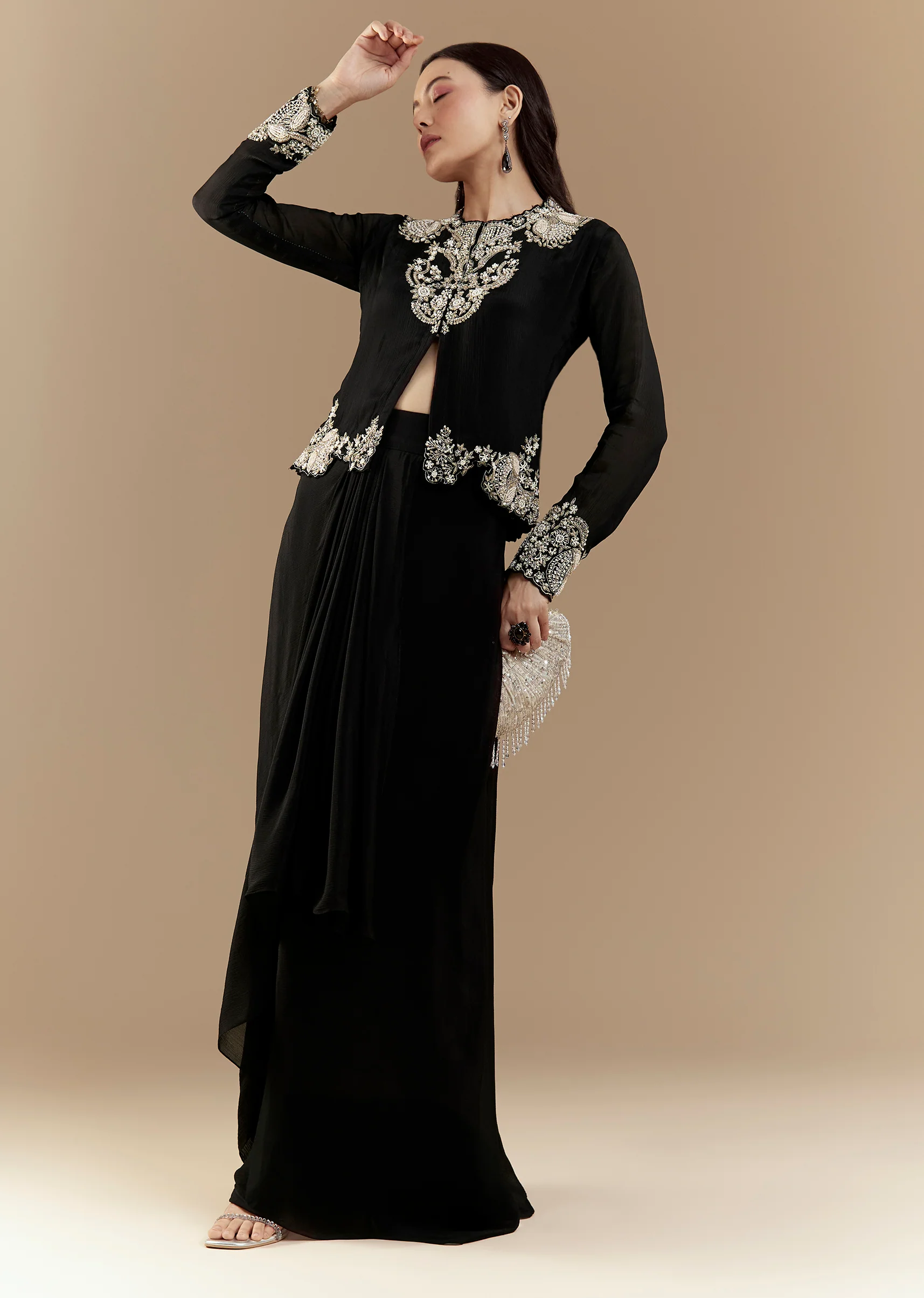 Statement Black Modern Couple Set – Black Chinon Crop Top Skirt Set For Her And Black Foil Applique Jacket Kurta Set For Him - Image 4