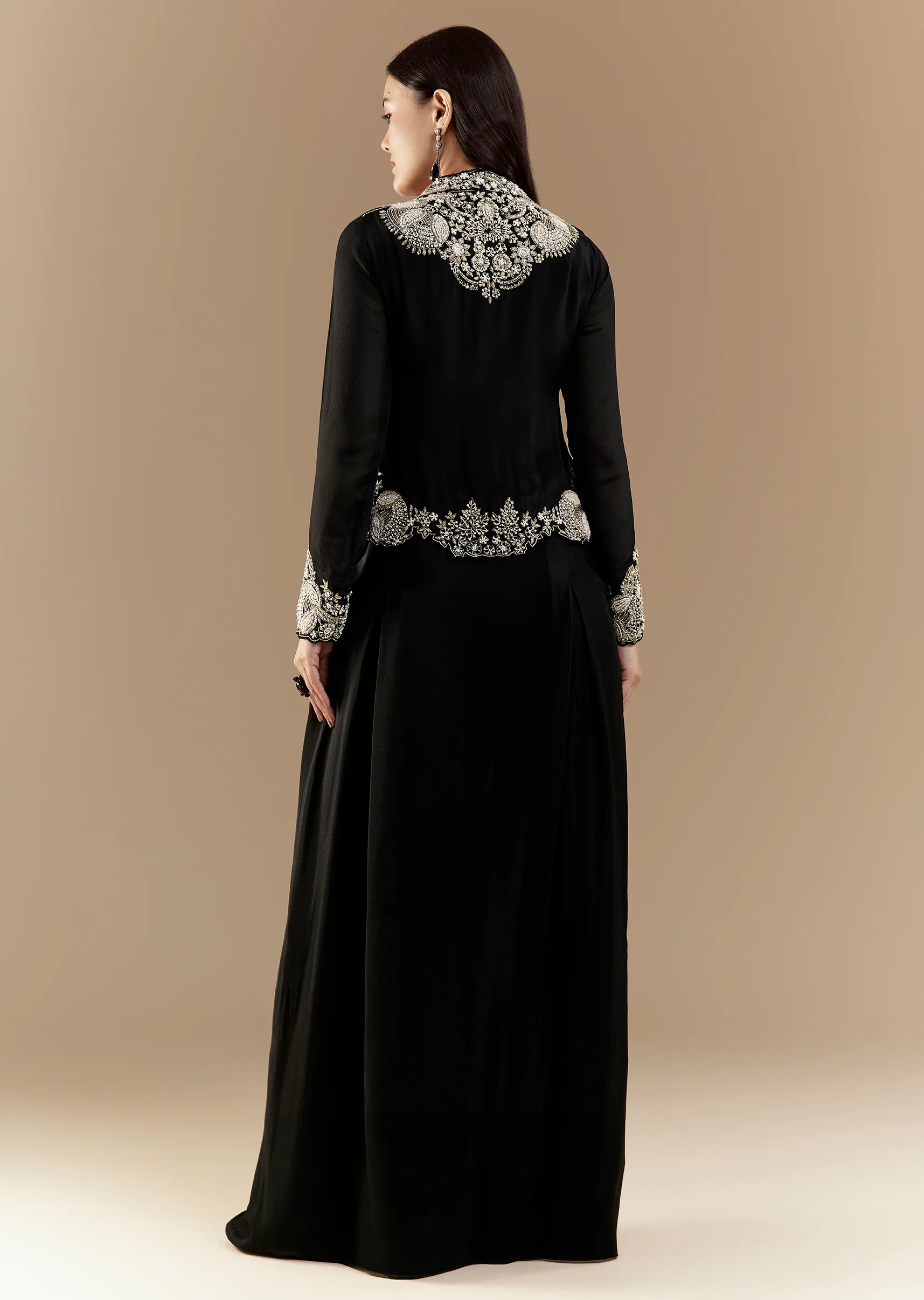 Statement Black Modern Couple Set – Black Chinon Crop Top Skirt Set For Her And Black Foil Applique Jacket Kurta Set For Him - Image 5