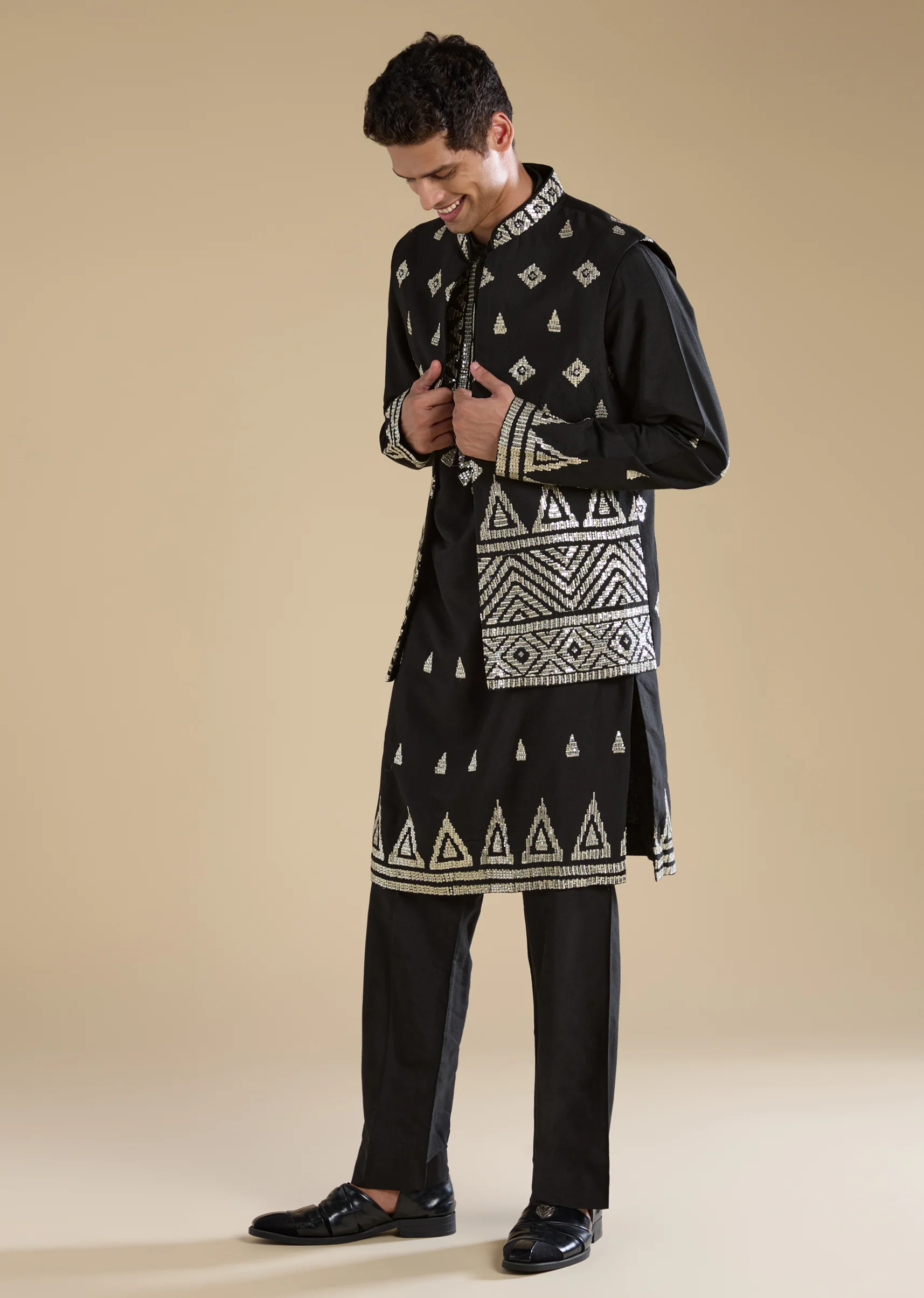 Statement Black Modern Couple Set – Black Chinon Crop Top Skirt Set For Her And Black Foil Applique Jacket Kurta Set For Him - Image 9