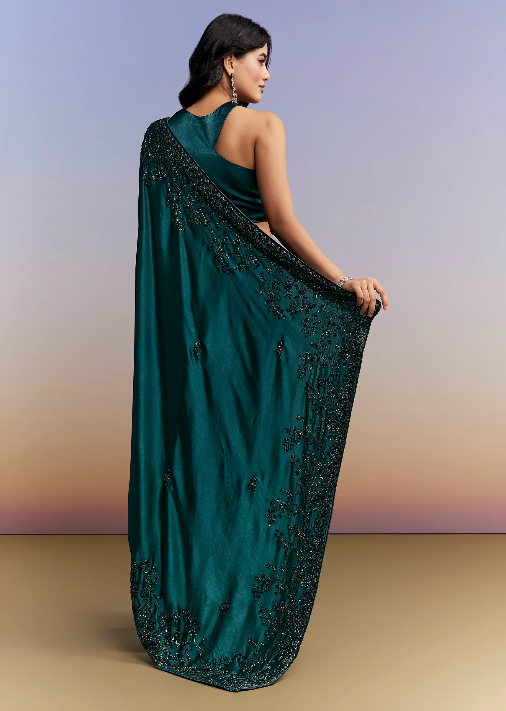 Statement Evening Couple Set – Teal Blue Satin Chinon Saree With Heavy Hand Embroidery For Her And Teal Blue Indo-Western Set With Heavy Embroidery For Him - Image 3