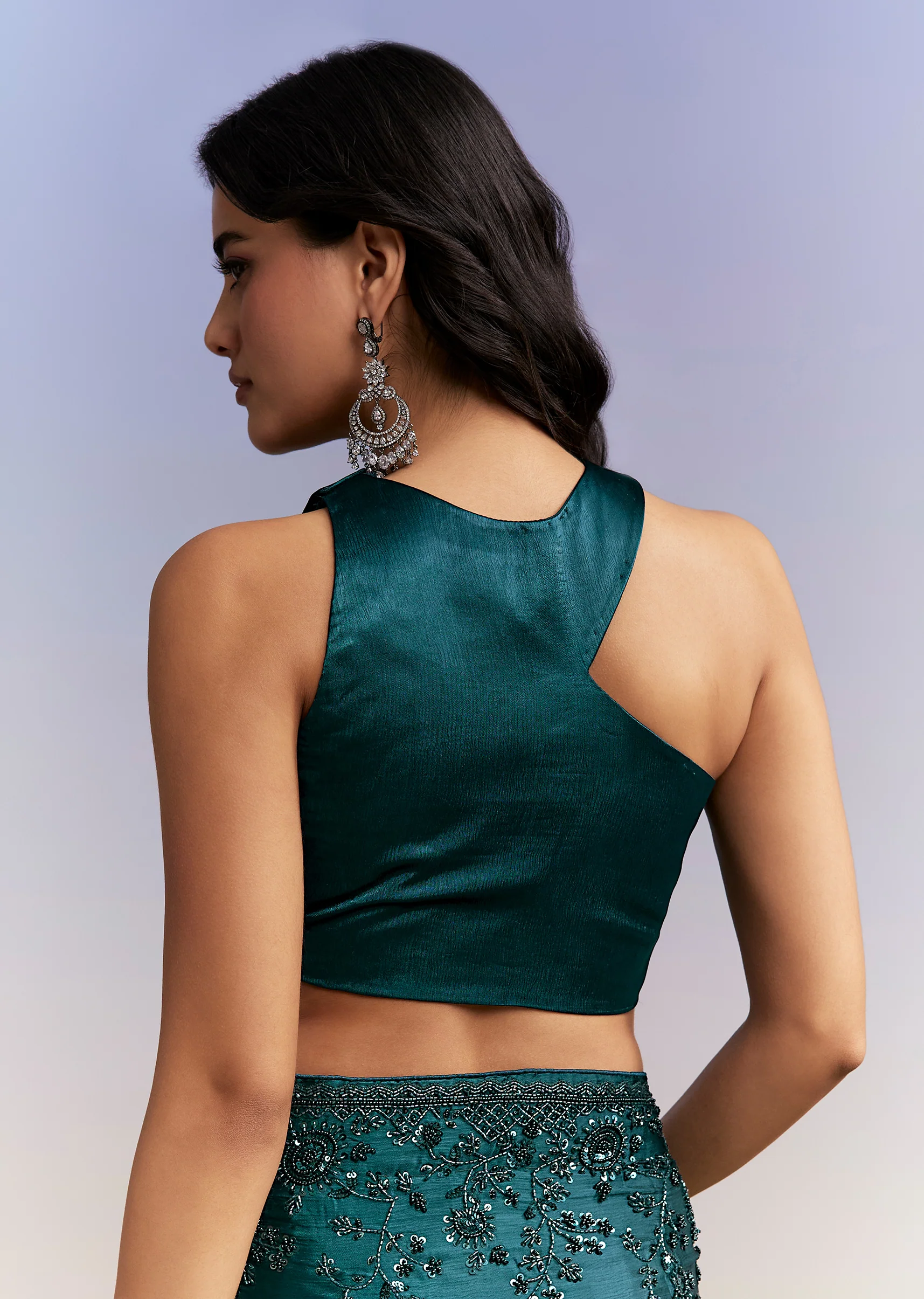Statement Evening Couple Set – Teal Blue Satin Chinon Saree With Heavy Hand Embroidery For Her And Teal Blue Indo-Western Set With Heavy Embroidery For Him - Image 5