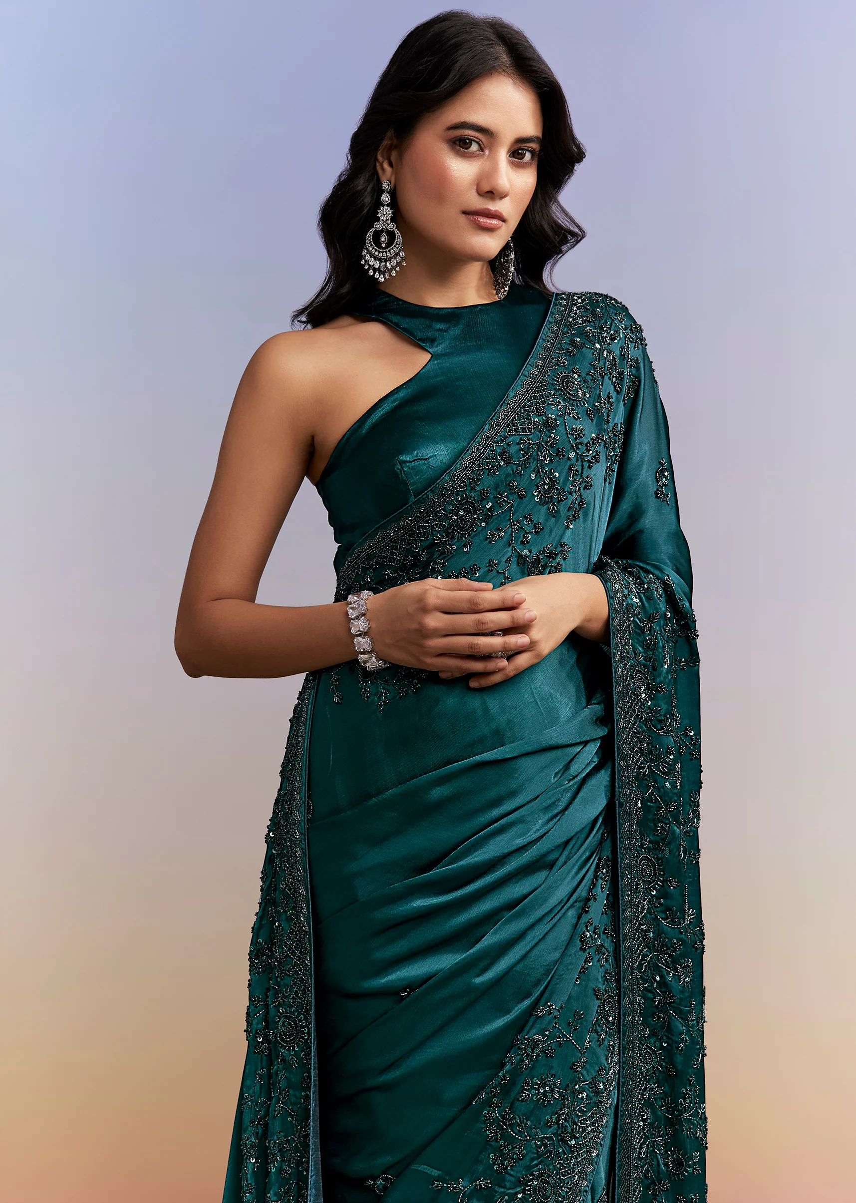 Statement Evening Couple Set – Teal Blue Satin Chinon Saree With Heavy Hand Embroidery For Her And Teal Blue Indo-Western Set With Heavy Embroidery For Him - Image 6
