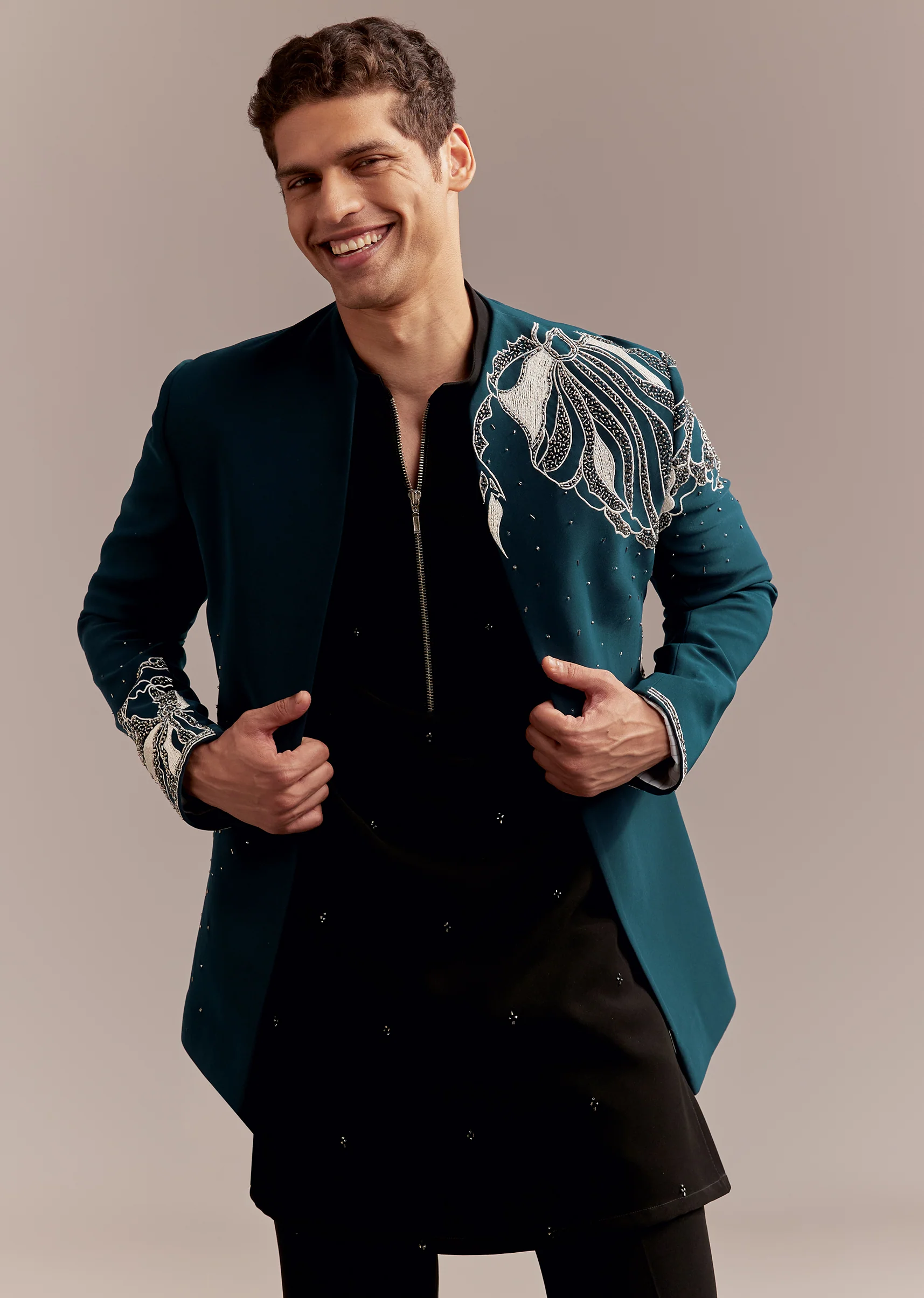 Statement Evening Couple Set – Teal Blue Satin Chinon Saree With Heavy Hand Embroidery For Her And Teal Blue Indo-Western Set With Heavy Embroidery For Him - Image 9