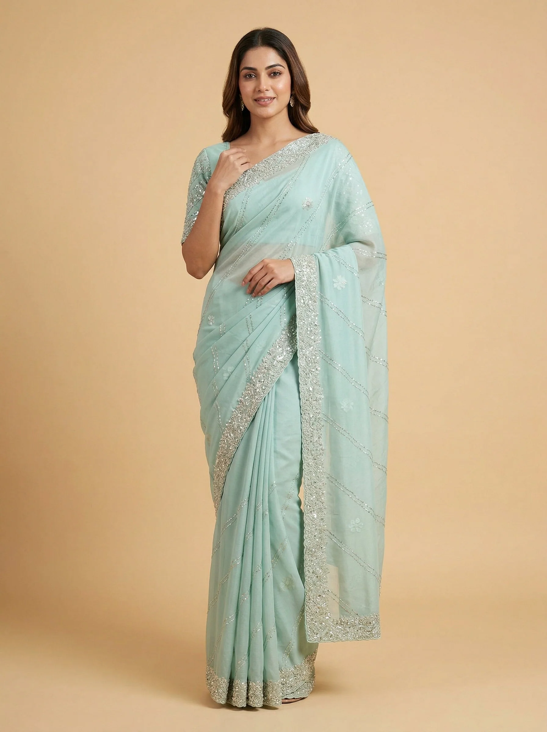 Steel Blue Embroidered Saree