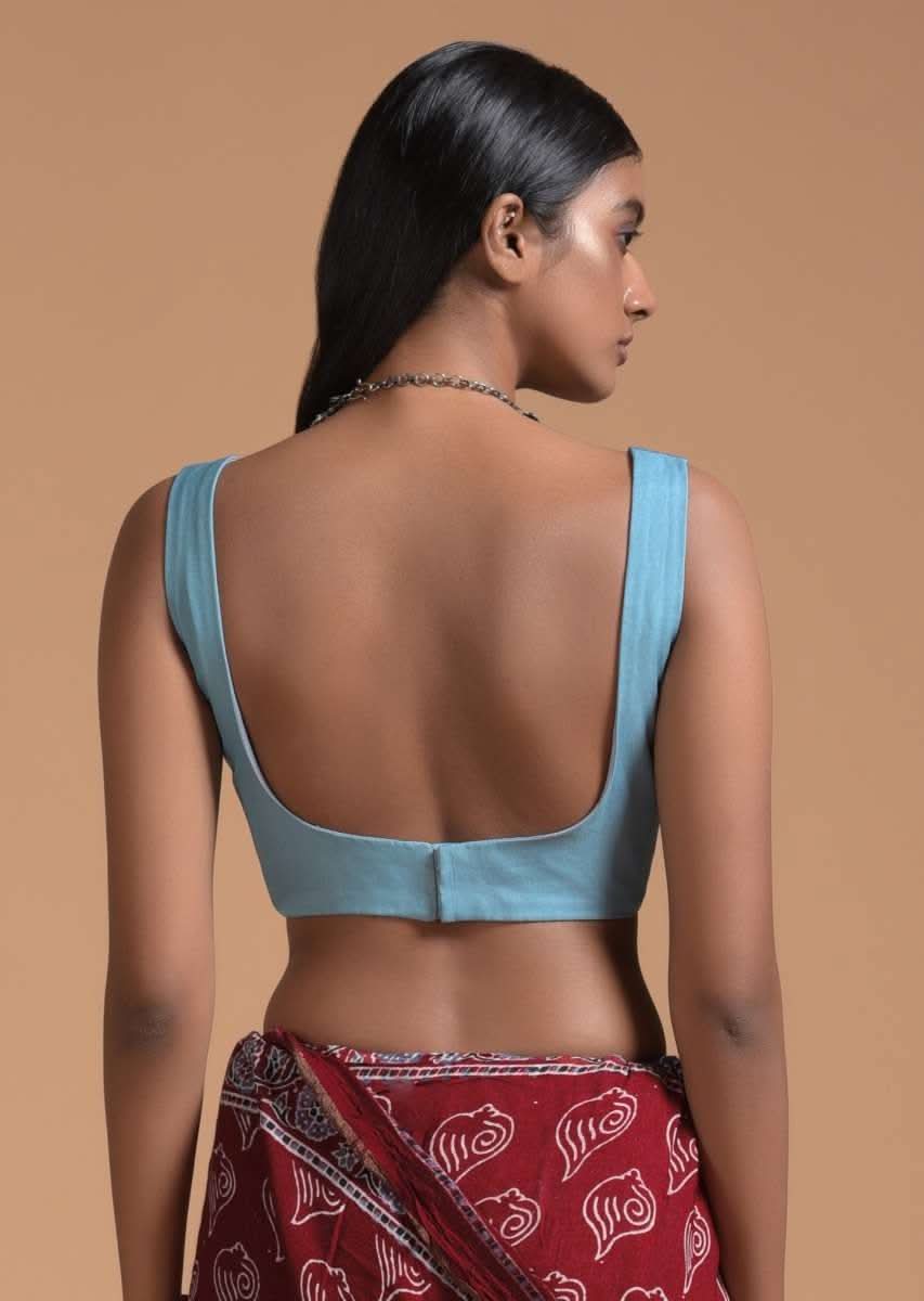 Steel Blue Sleeveless Blouse In Silk Blend With Scooped Neckline - Image 2