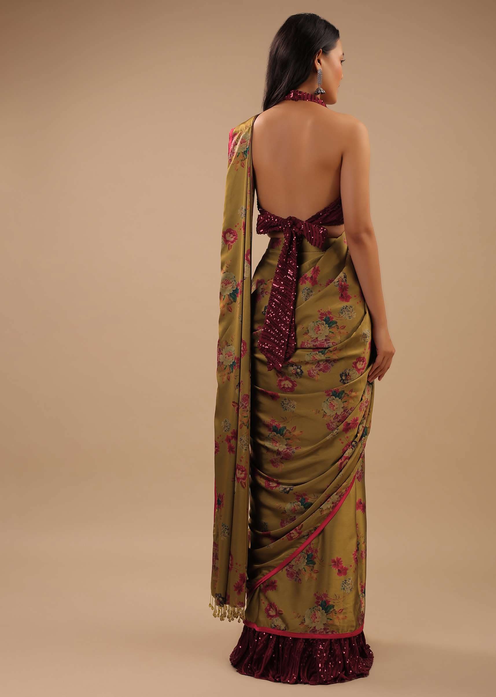 Sulphur Yellow Readymade Saree With Floral Print And Contrast Red Sequins Blouse - Image 2