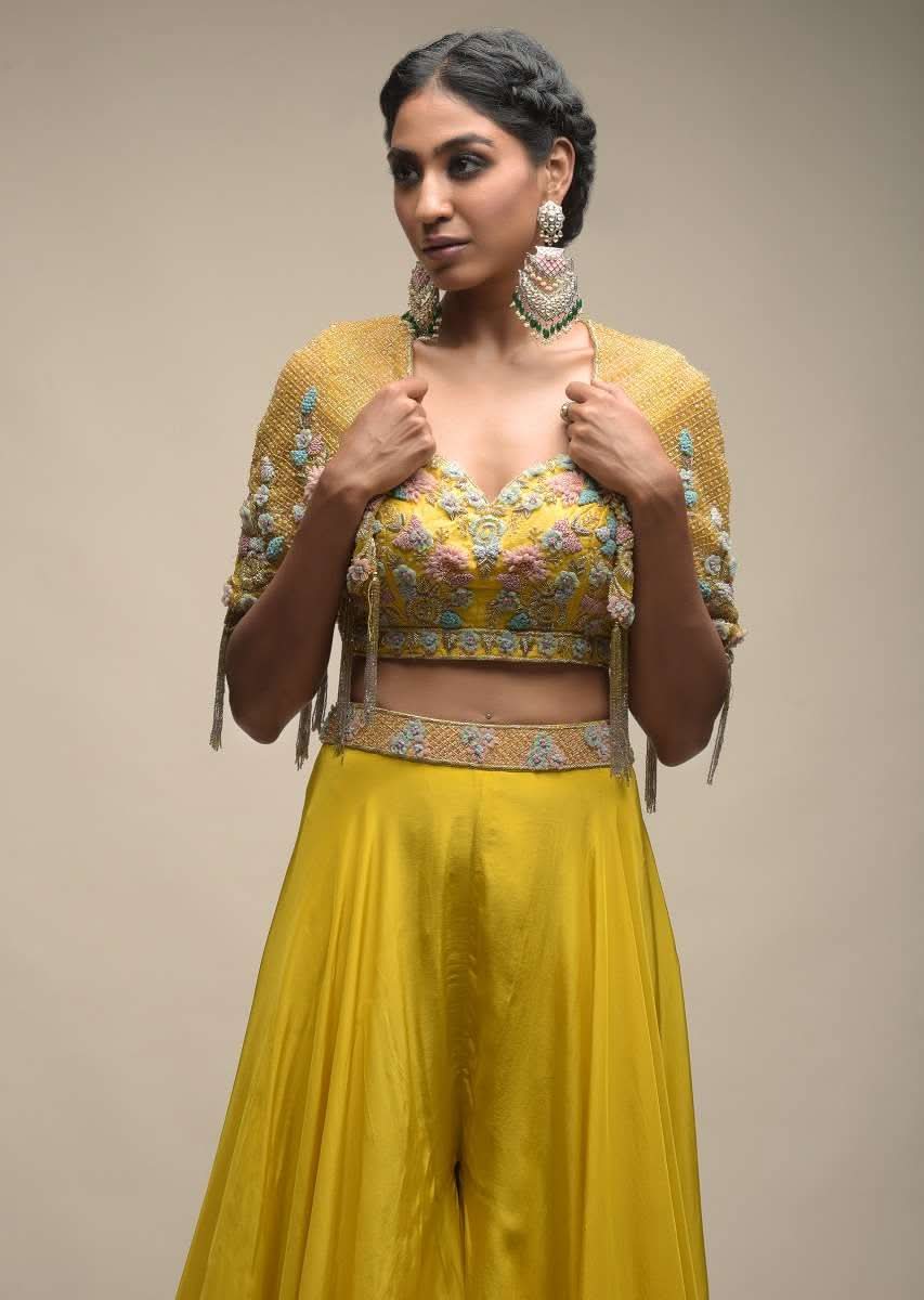 Sun Yellow Palazzo Suit With 3D Organza Flower Embellished Crop Top And Short Cape - Image 2